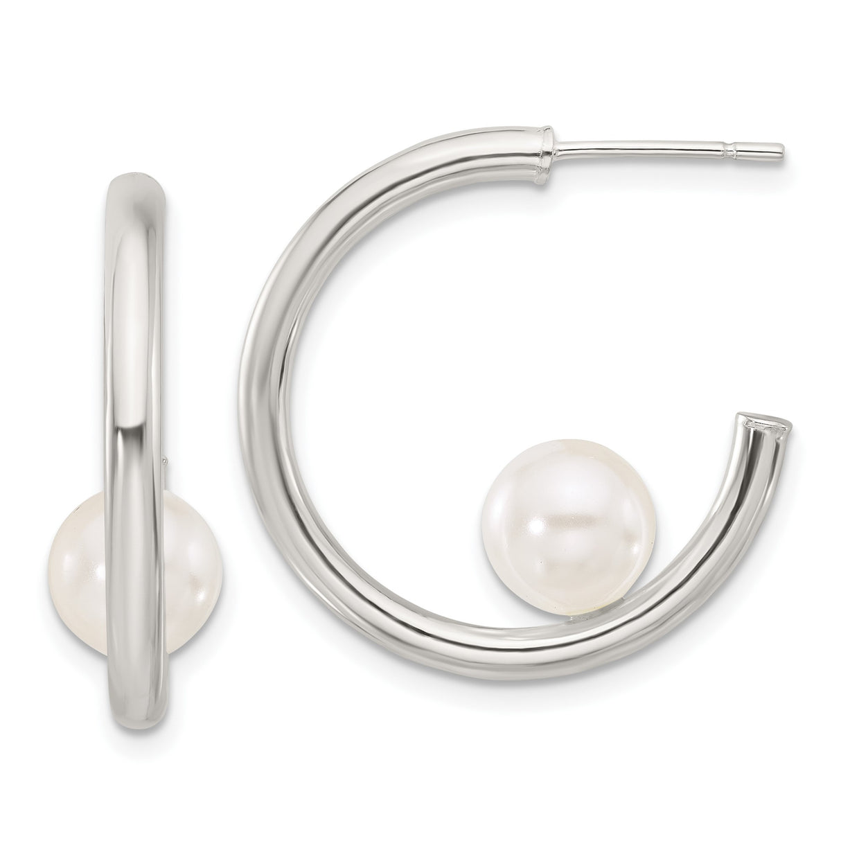 Sterling Silver Hoop Earrings with White Pearl, Open Circle Design, Minimalist Style