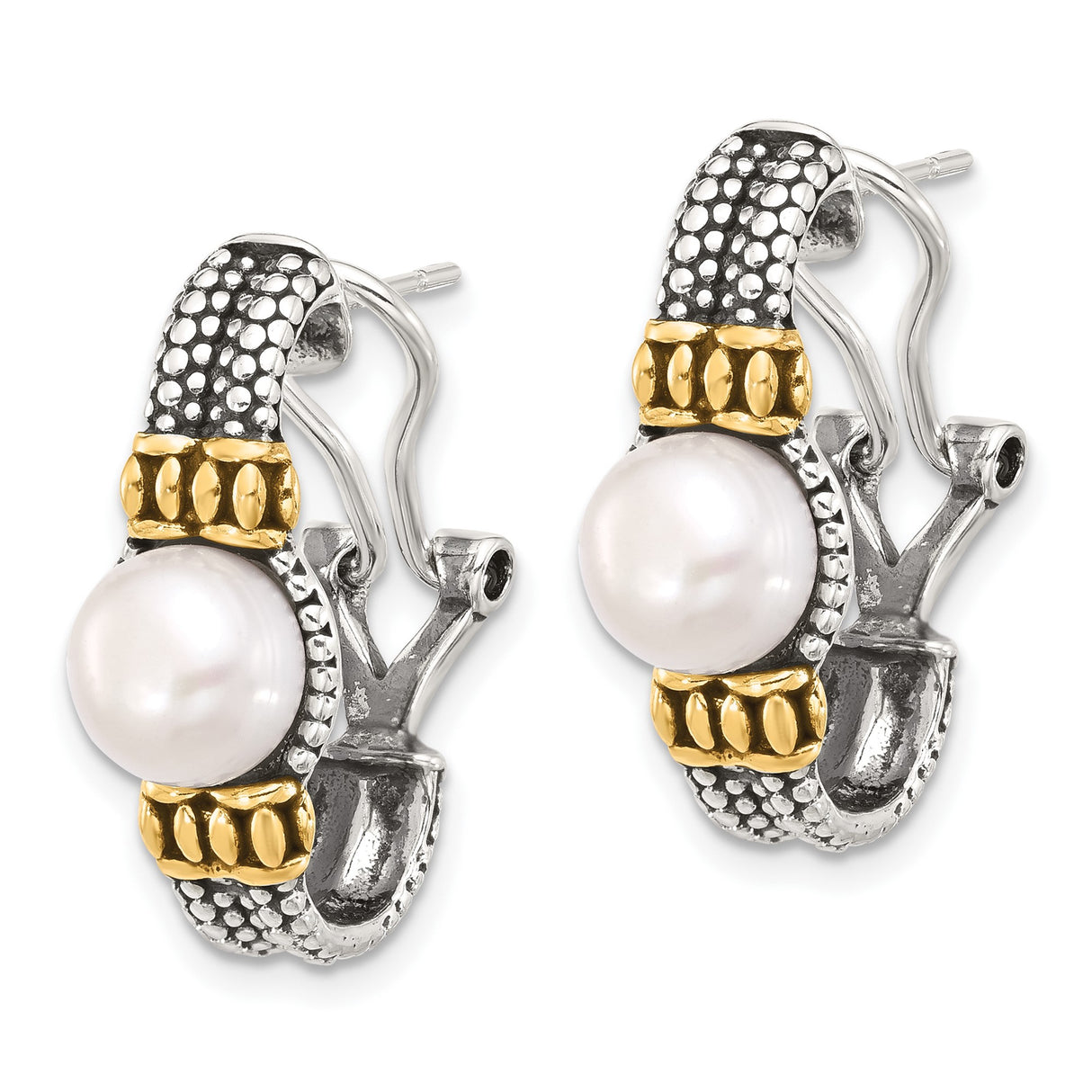 Sterling Silver Hoop Earrings with Cultured White Pearls, Beaded Texture, Vintage Style