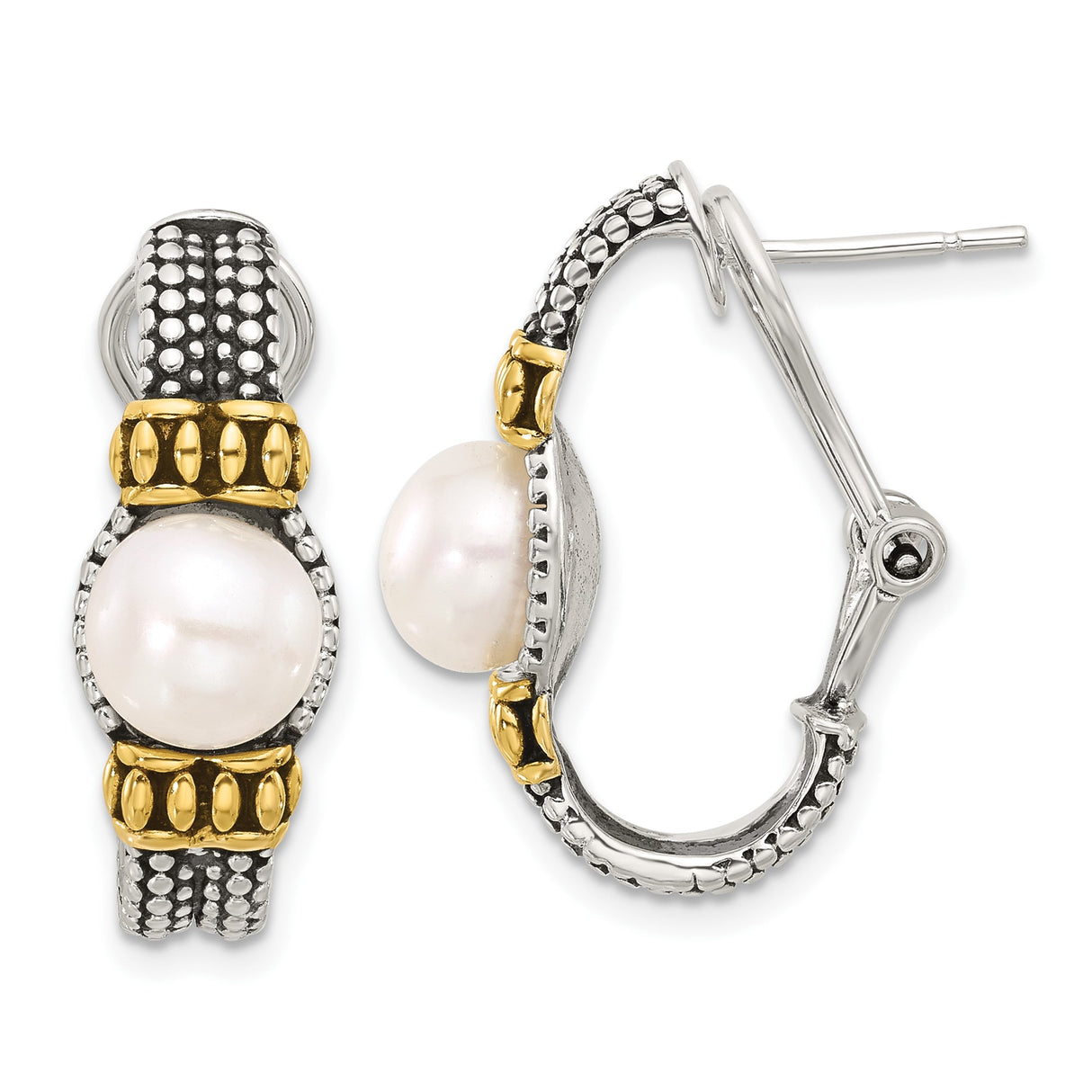 Sterling Silver Hoop Earrings with Cultured White Pearls, Beaded Texture, Vintage Style