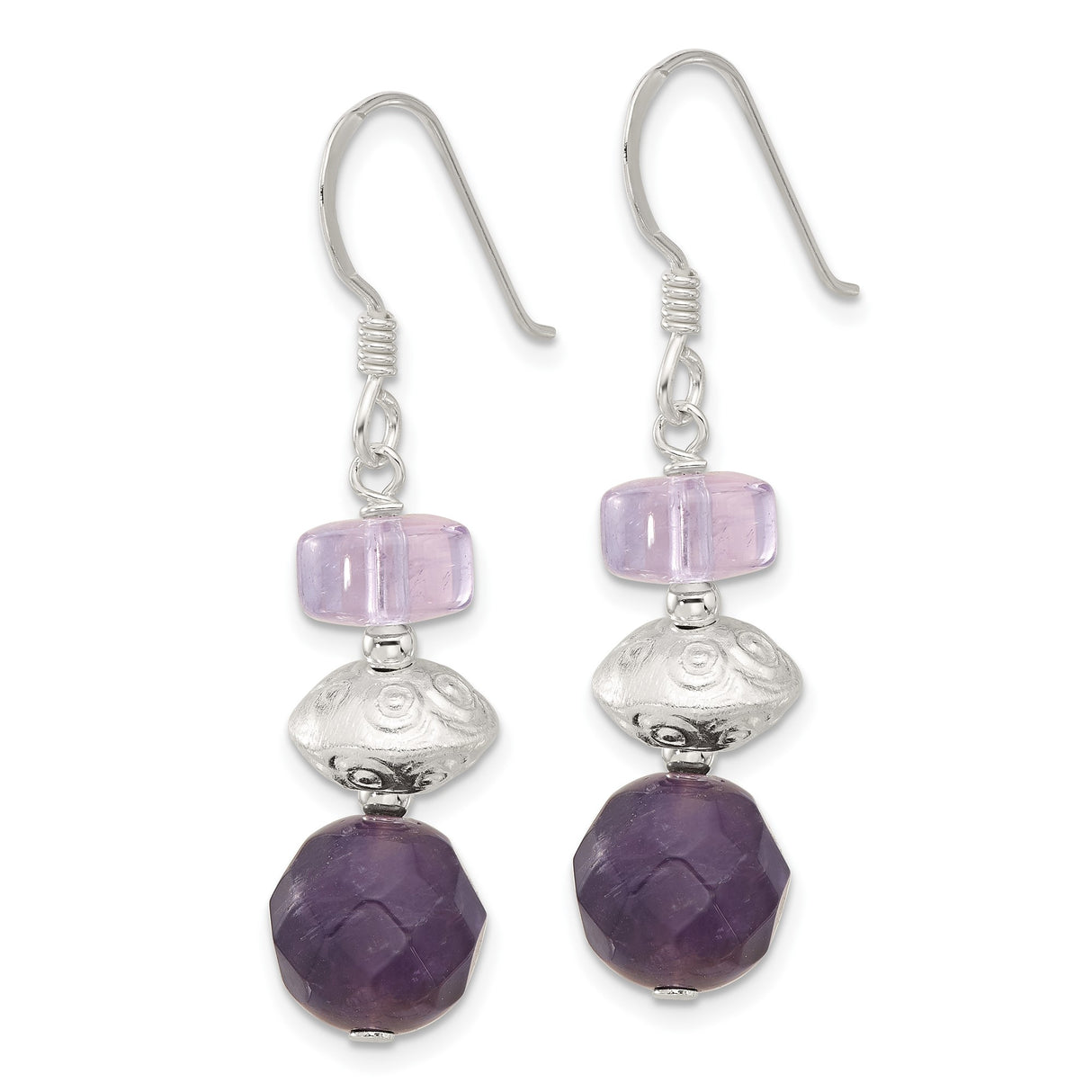 Sterling Silver Dangle Earrings with Amethyst and Lavender Glass, Boho Handmade Style