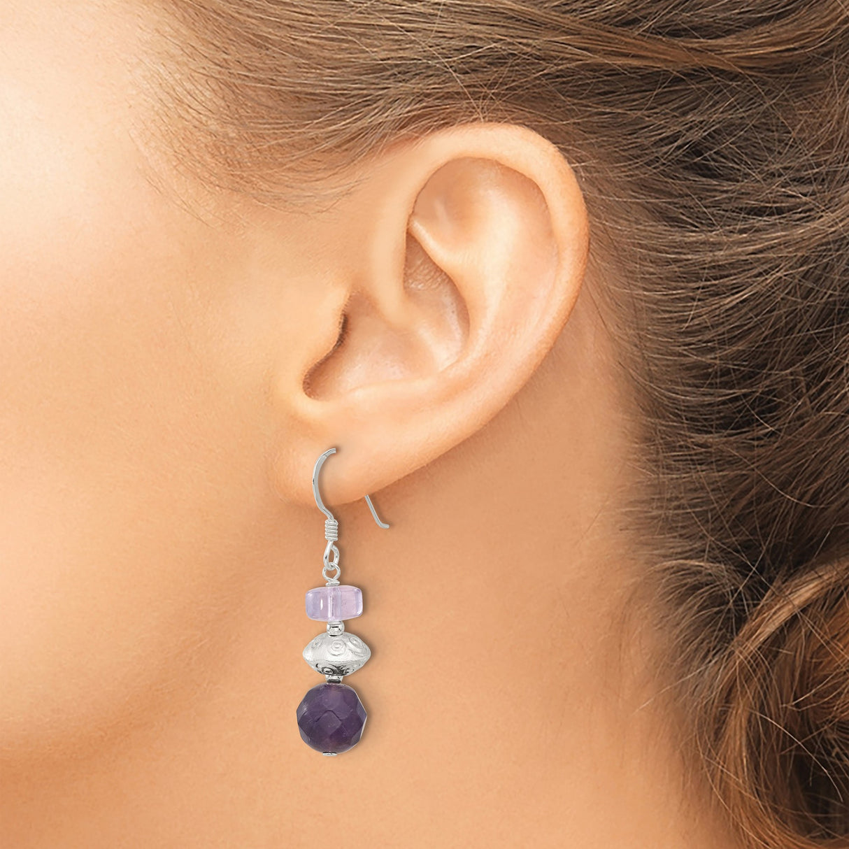 Sterling Silver Dangle Earrings with Amethyst and Lavender Glass, Boho Handmade Style