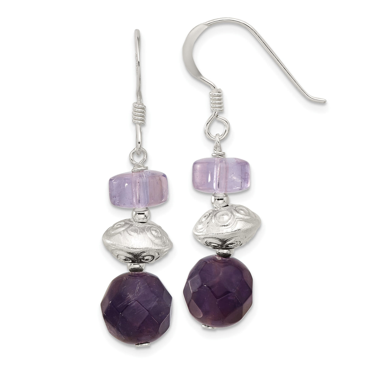 Sterling Silver Dangle Earrings with Amethyst and Lavender Glass, Boho Handmade Style