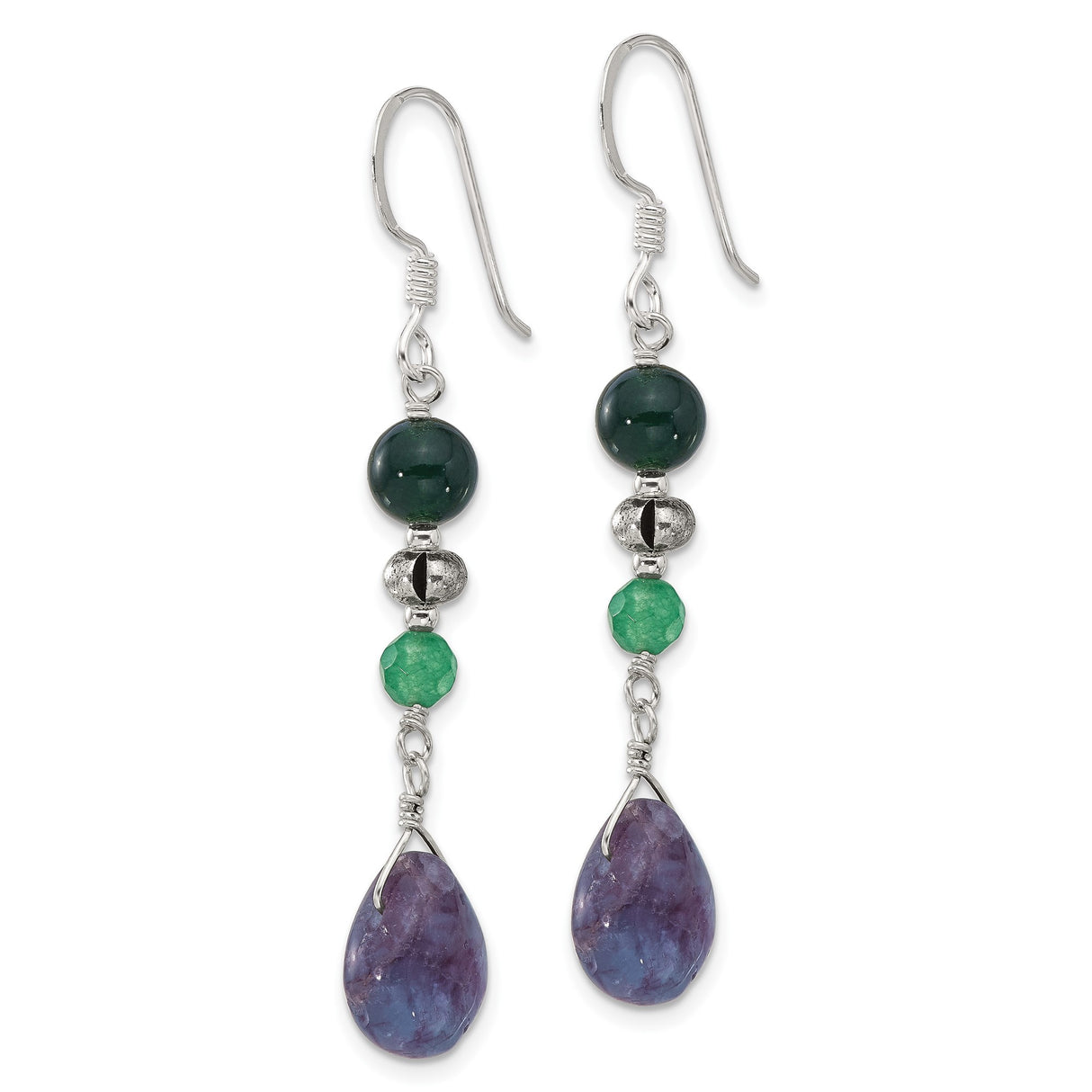 Sterling Silver Dangle Earrings with Fluorite and Aventurine Gemstones, Teardrop Boho Style