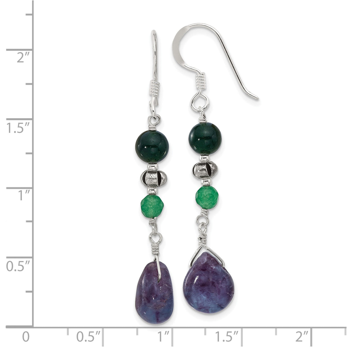 Sterling Silver Dangle Earrings with Fluorite and Aventurine Gemstones, Teardrop Boho Style