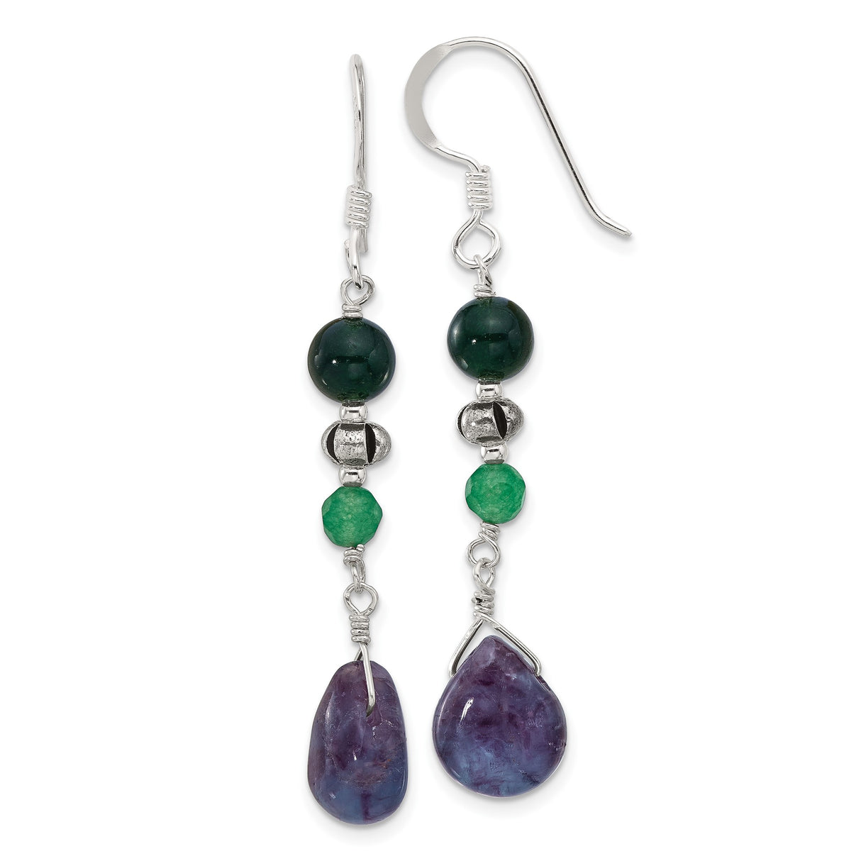 Sterling Silver Dangle Earrings with Fluorite and Aventurine Gemstones, Teardrop Boho Style