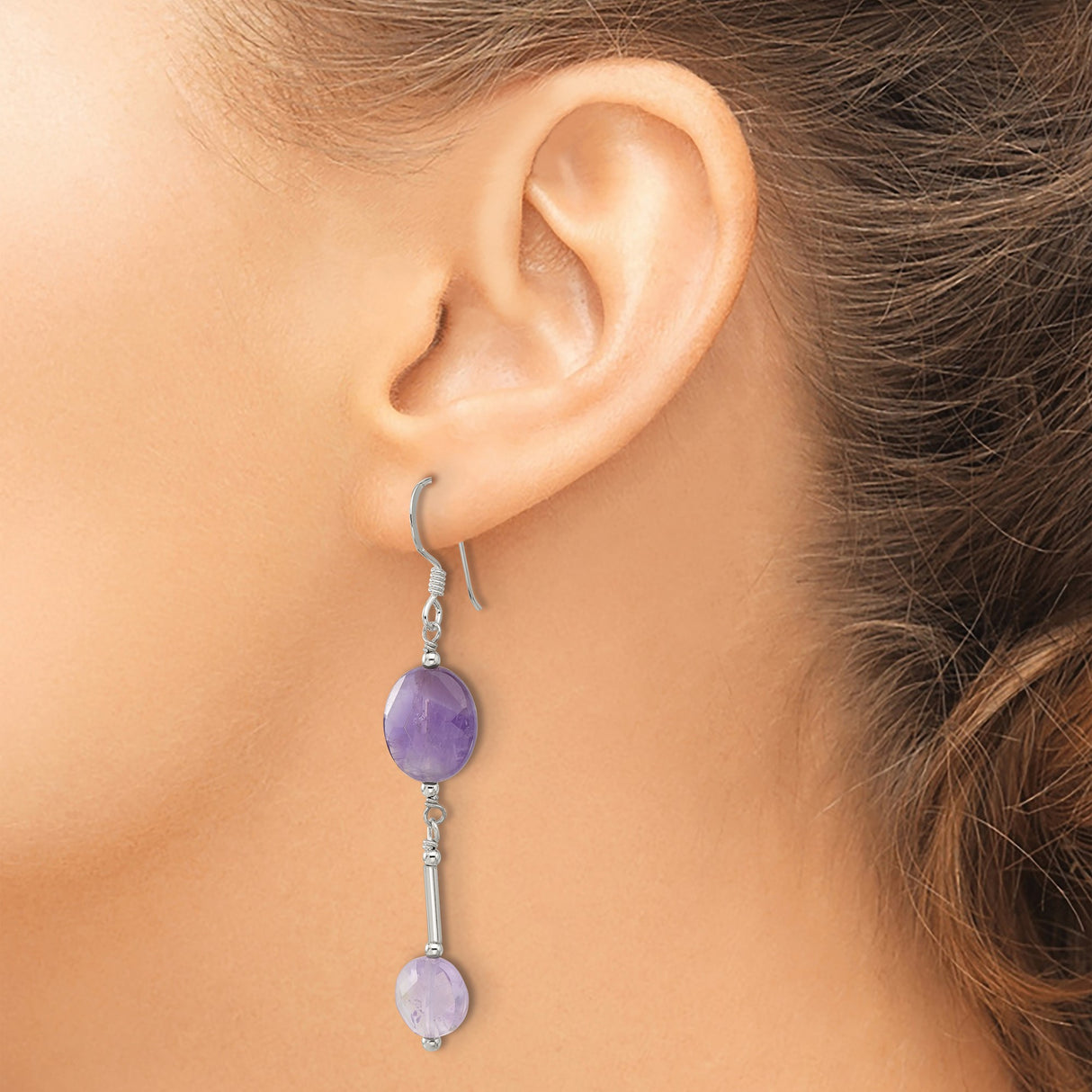Sterling Silver Dangle Earrings with Amethyst Gemstones, Vertical Drop Design for Women