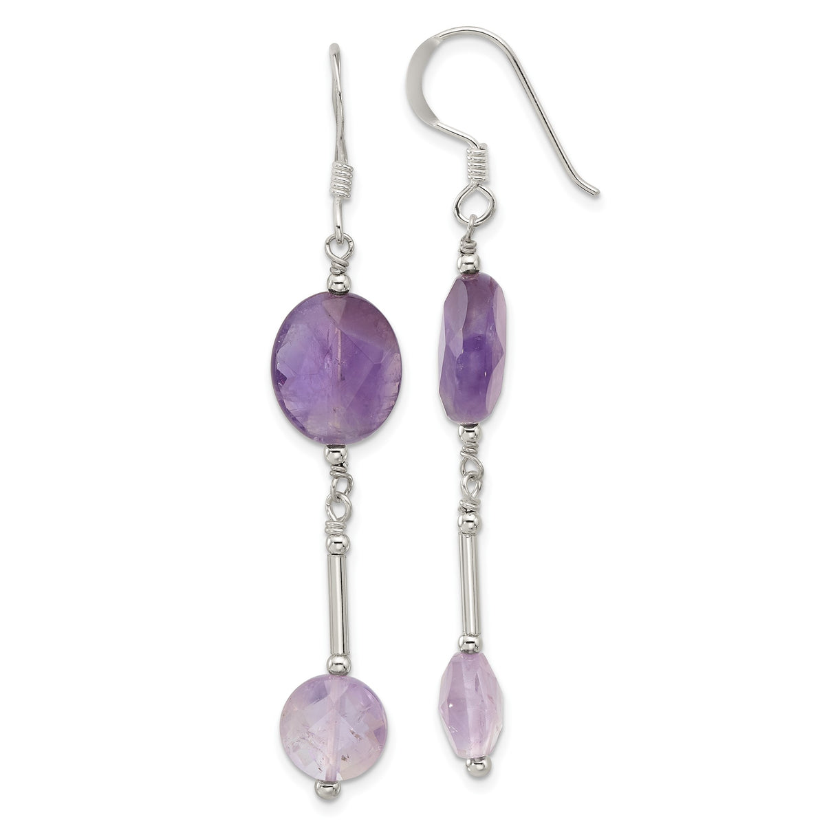 Sterling Silver Dangle Earrings with Amethyst Gemstones, Vertical Drop Design for Women