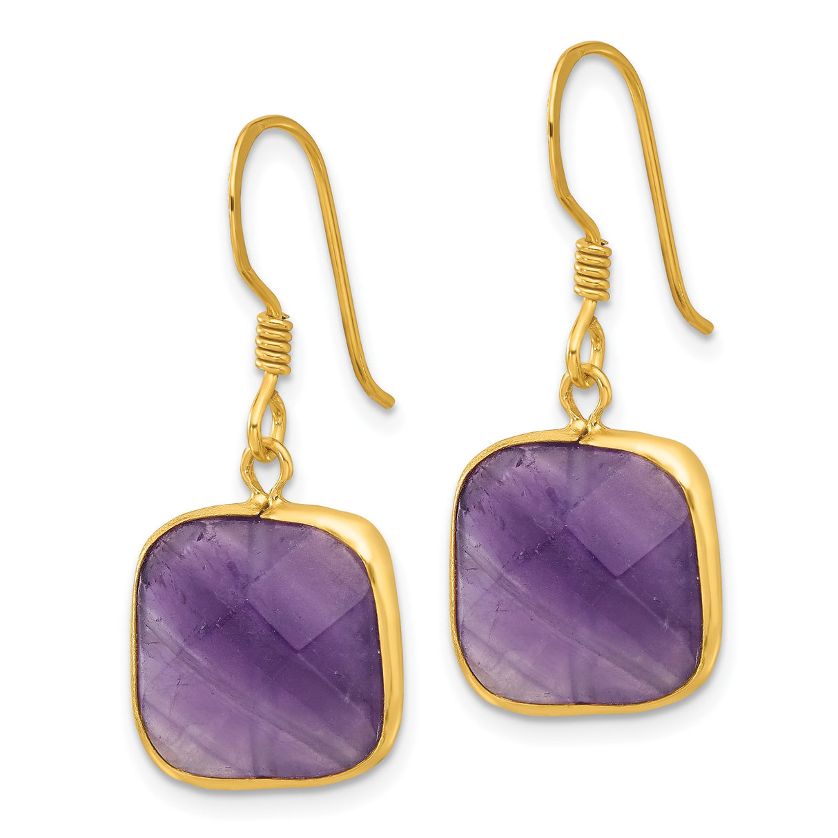 Sterling Silver Dangle Earrings with Amethyst Cushion Cut Drops, Yellow Gold Plated Finish