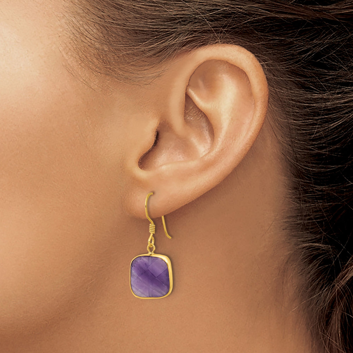Sterling Silver Dangle Earrings with Amethyst Cushion Cut Drops, Yellow Gold Plated Finish