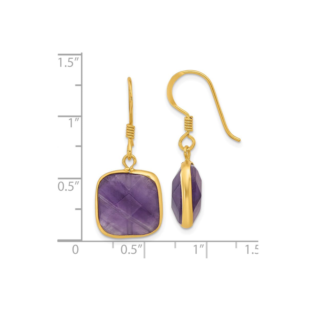 Sterling Silver Dangle Earrings with Amethyst Cushion Cut Drops, Yellow Gold Plated Finish