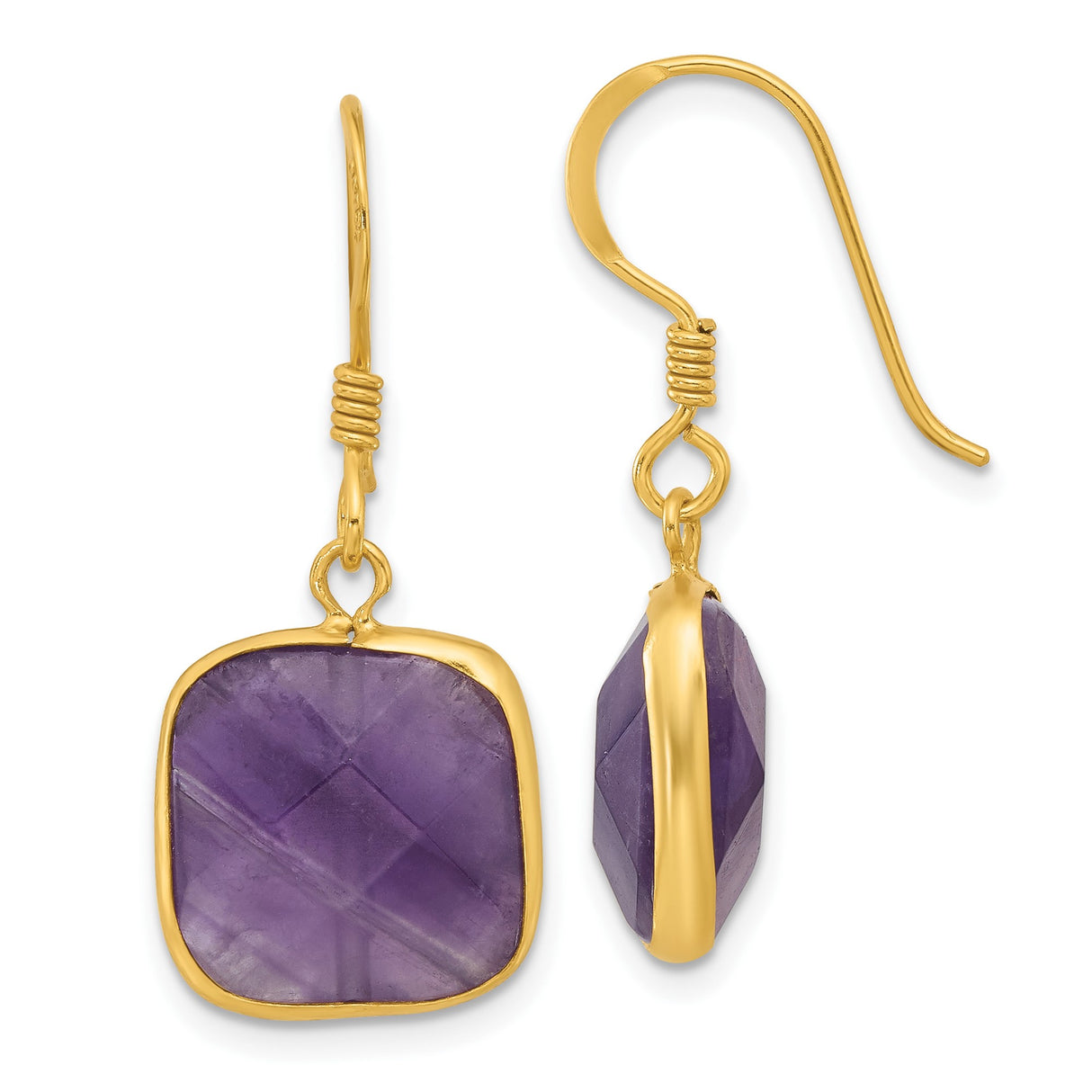 Sterling Silver Dangle Earrings with Amethyst Cushion Cut Drops, Yellow Gold Plated Finish