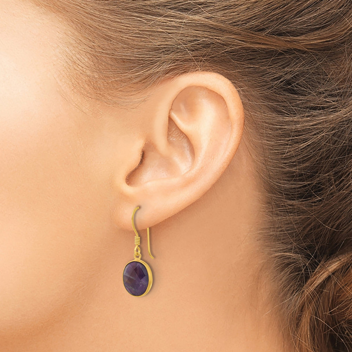 Sterling Silver Dangle Earrings with Oval Amethyst in Bezel Setting, French Hook Design