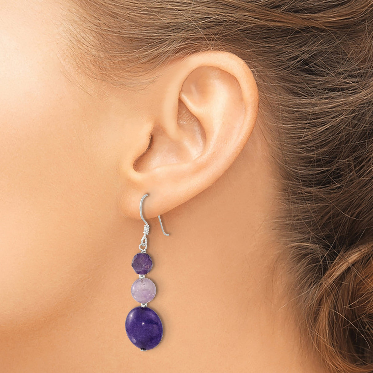 Sterling Silver Dangle Earrings with Amethyst and Lavender Quartz Beads, Drop Design for Women