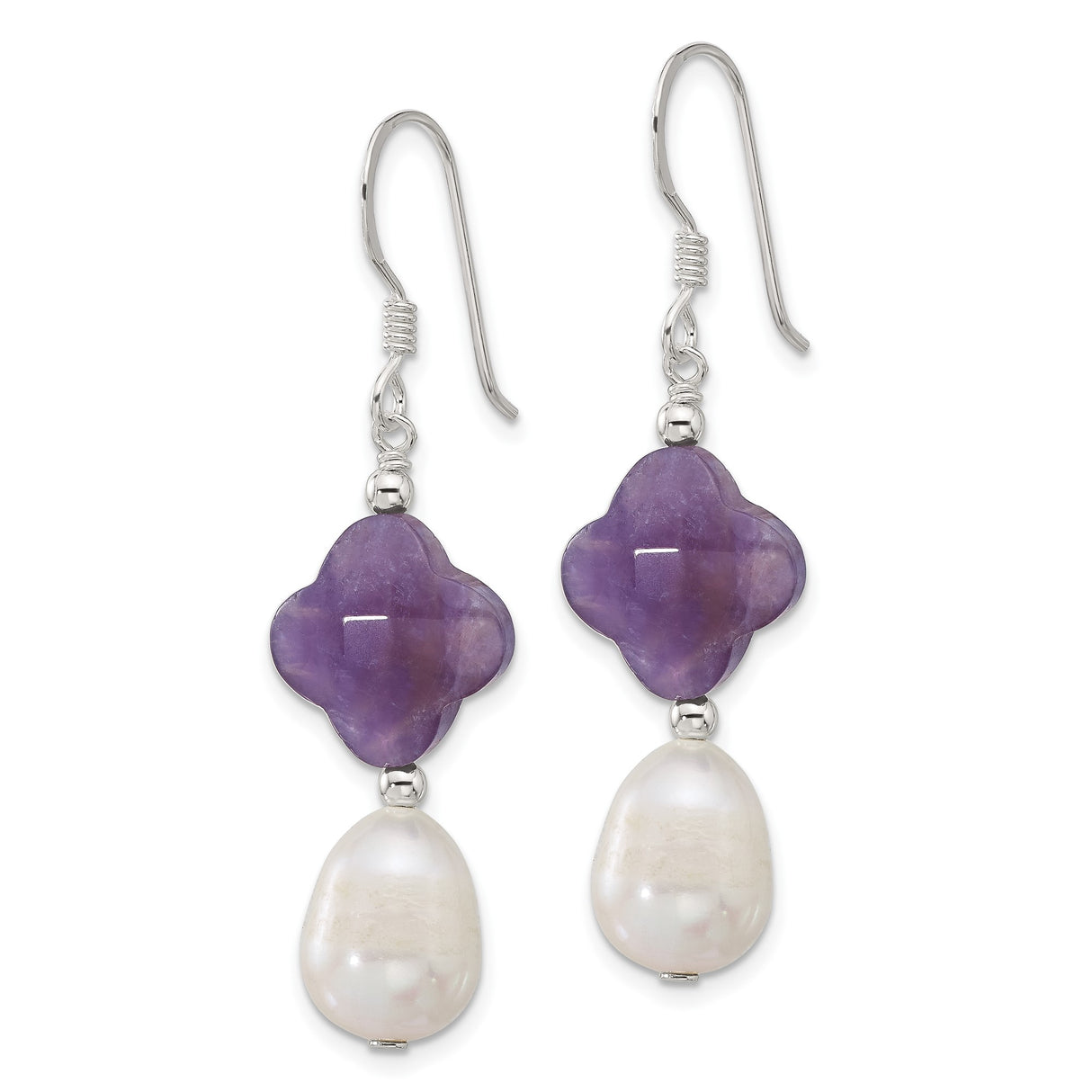 Sterling Silver Dangle Earrings with Amethyst and Freshwater Pearl, Artistic Drop Design for Women