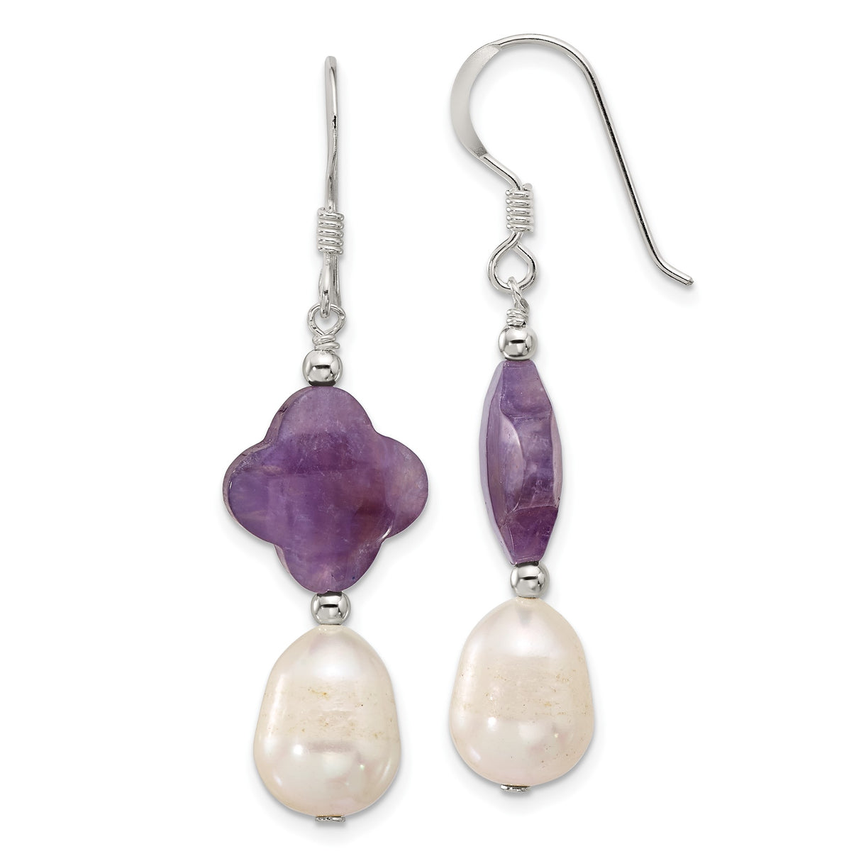 Sterling Silver Dangle Earrings with Amethyst and Freshwater Pearl, Artistic Drop Design for Women