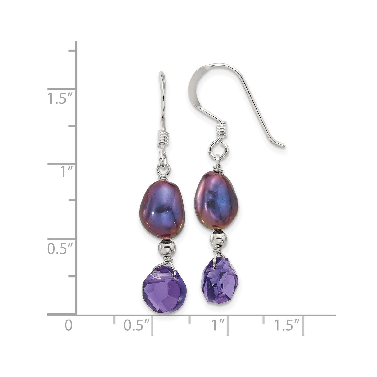 Sterling Silver Dangle Earrings with Freshwater Pearls and Purple Crystals, Handcrafted Drop Style