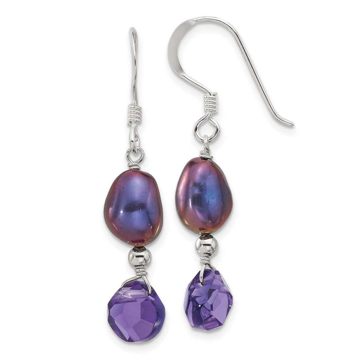 Sterling Silver Dangle Earrings with Freshwater Pearls and Purple Crystals, Handcrafted Drop Style
