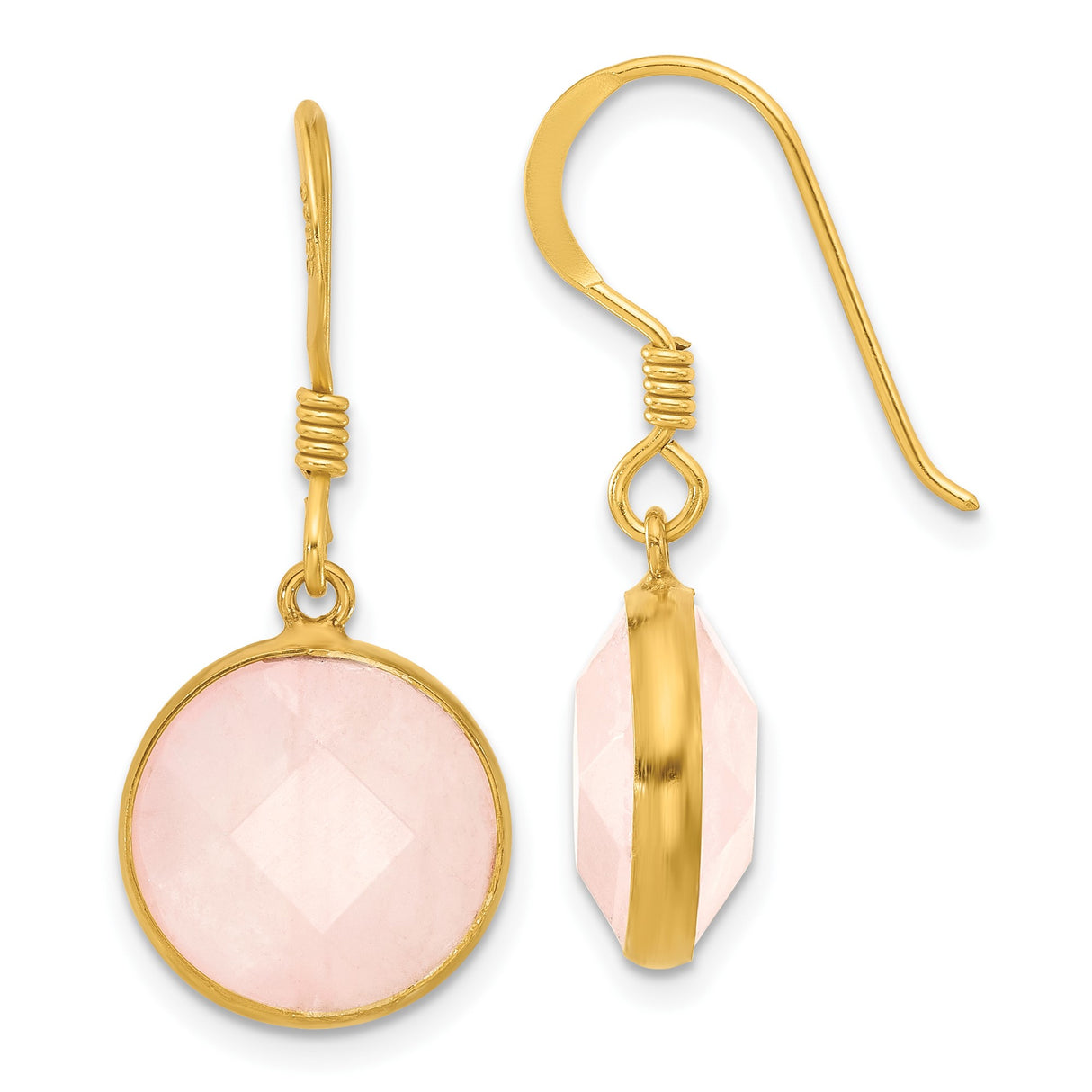 Sterling Silver Dangle Earrings with Rose Quartz, Gold Plated Setting, Feminine Drop Design