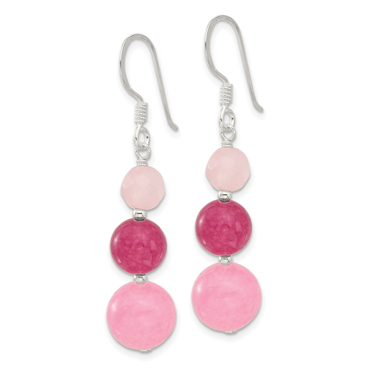 Sterling Silver Dangle Earrings with Rose Quartz and Strawberry Quartz, Long Drop Beaded Style