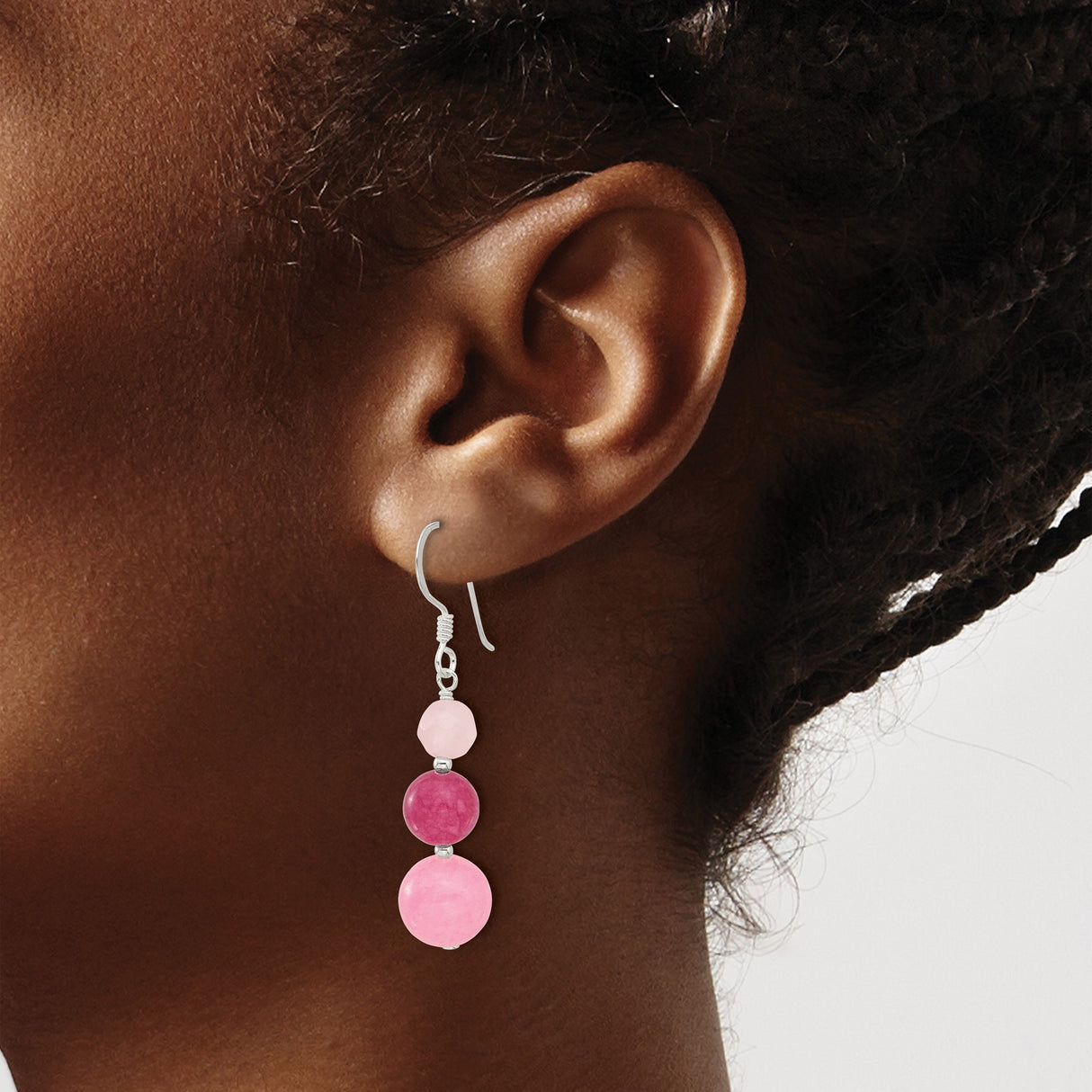 Sterling Silver Dangle Earrings with Rose Quartz and Strawberry Quartz, Long Drop Beaded Style