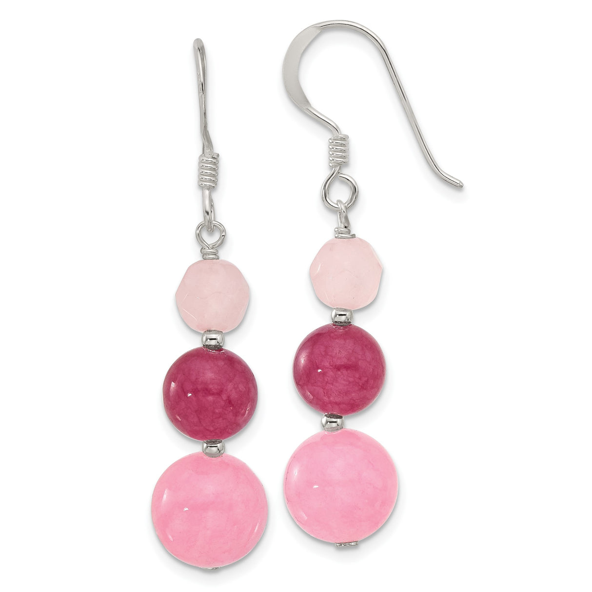 Sterling Silver Dangle Earrings with Rose Quartz and Strawberry Quartz, Long Drop Beaded Style