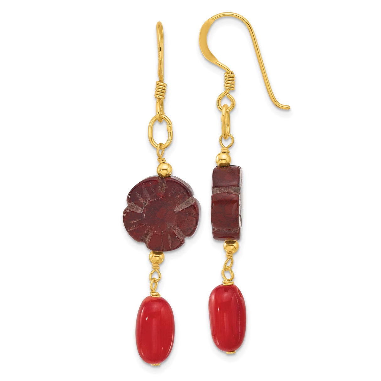 Sterling Silver Dangle Earrings with Red Jasper Flower Design and Coral Accents