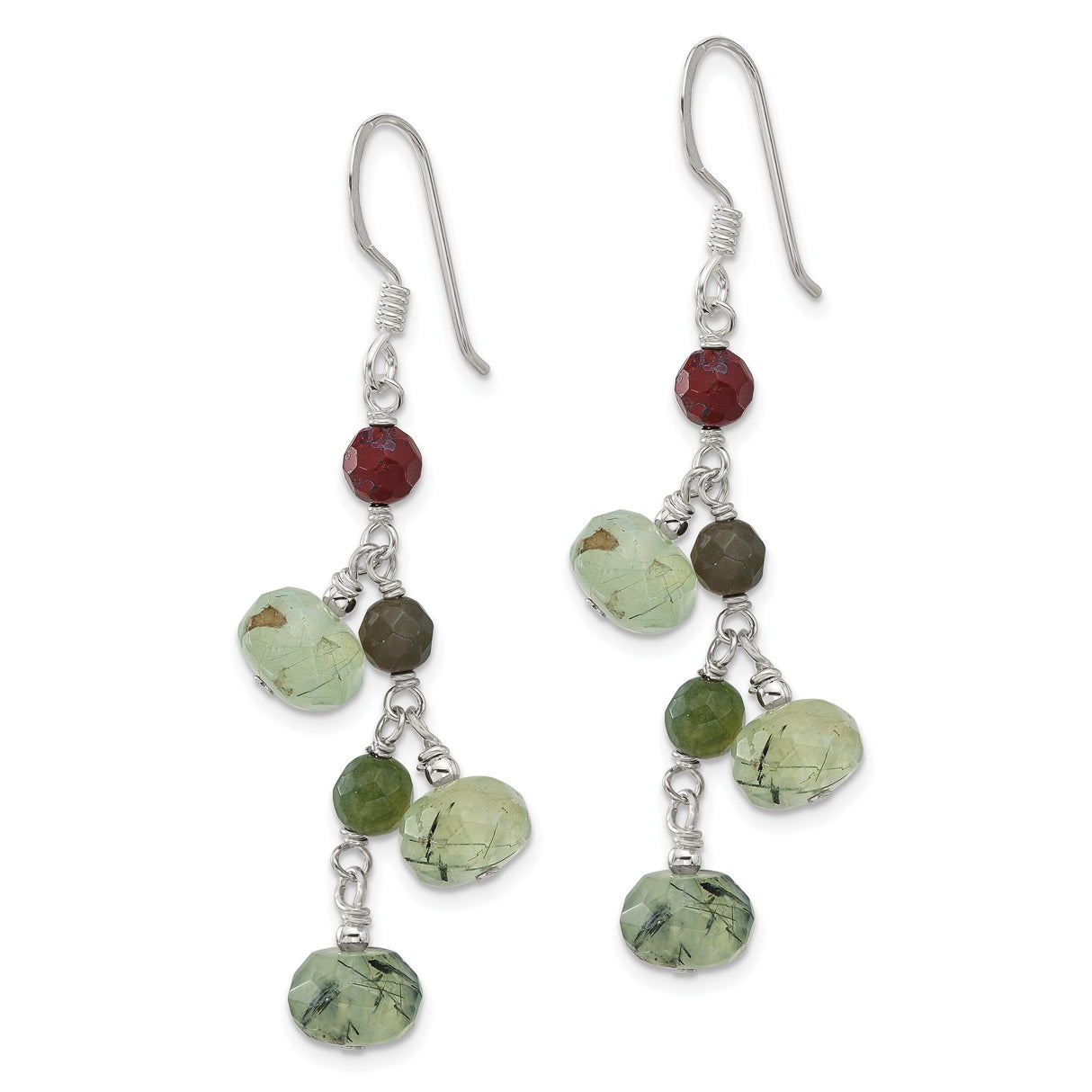 Sterling Silver Dangle Earrings with Jasper and Prehnite, Multicolor Beads, Boho Artisan Style