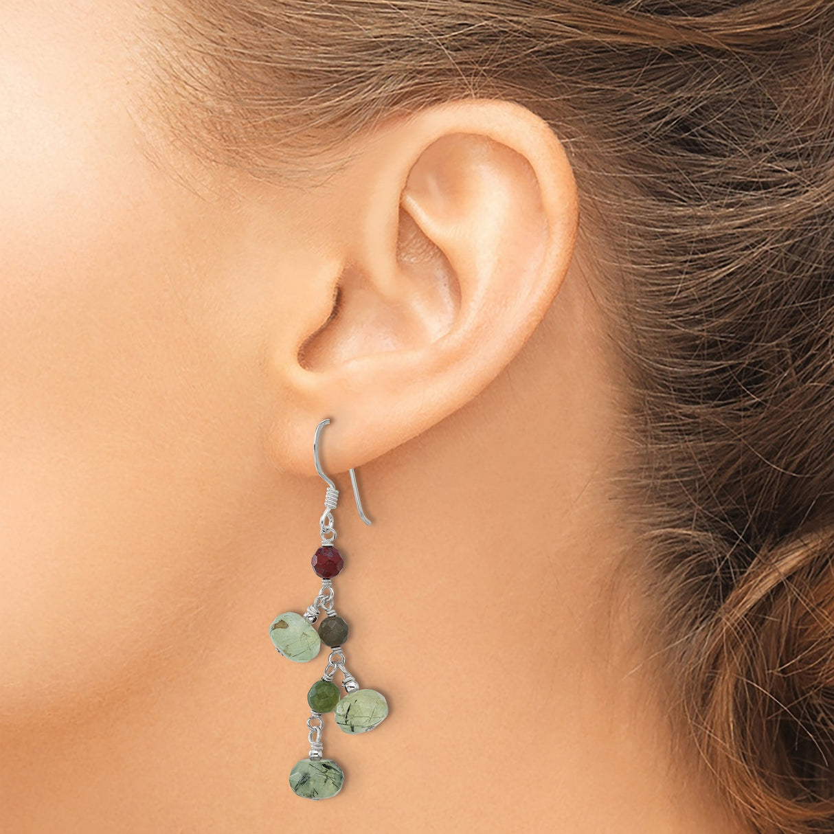 Sterling Silver Dangle Earrings with Jasper and Prehnite, Multicolor Beads, Boho Artisan Style