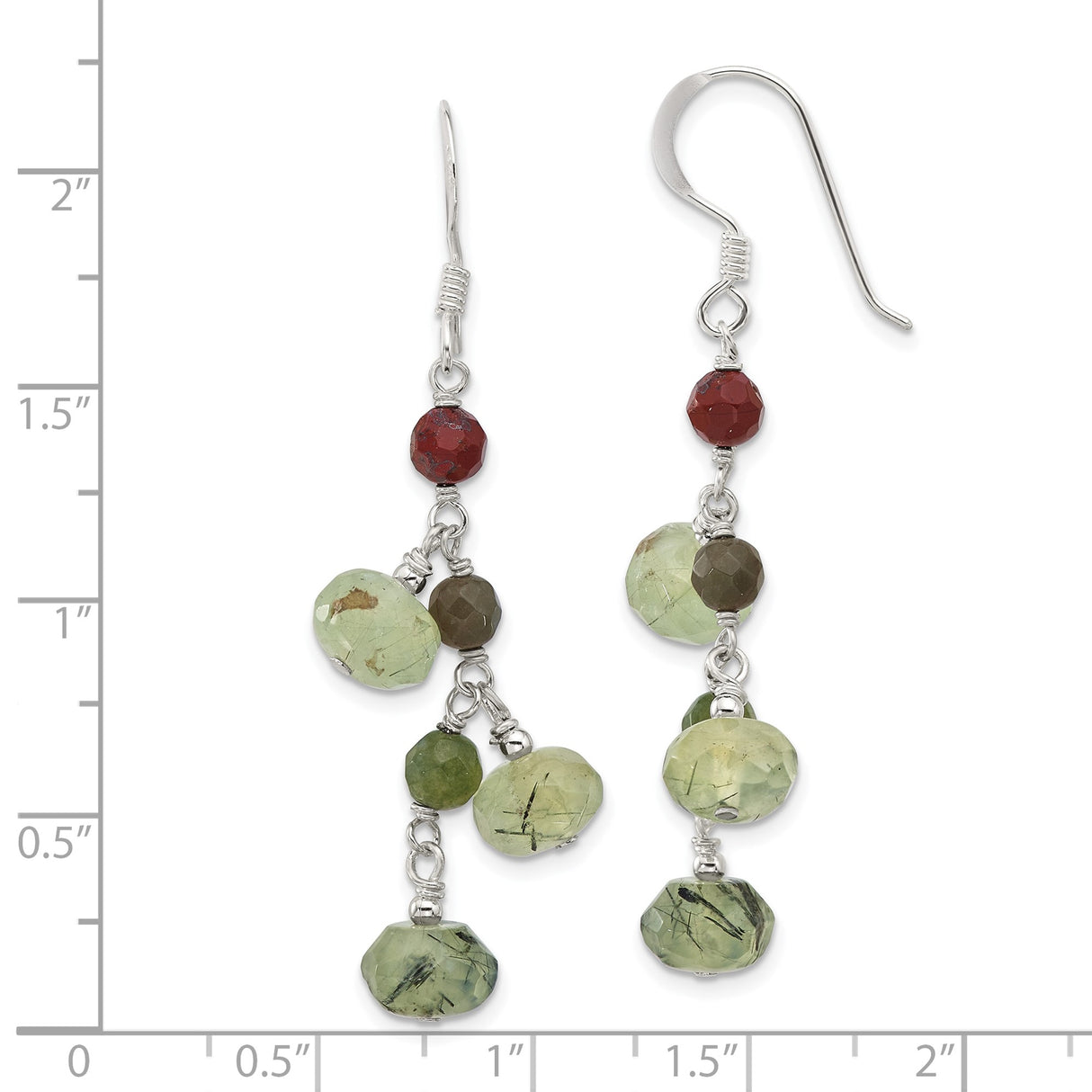 Sterling Silver Dangle Earrings with Jasper and Prehnite, Multicolor Beads, Boho Artisan Style