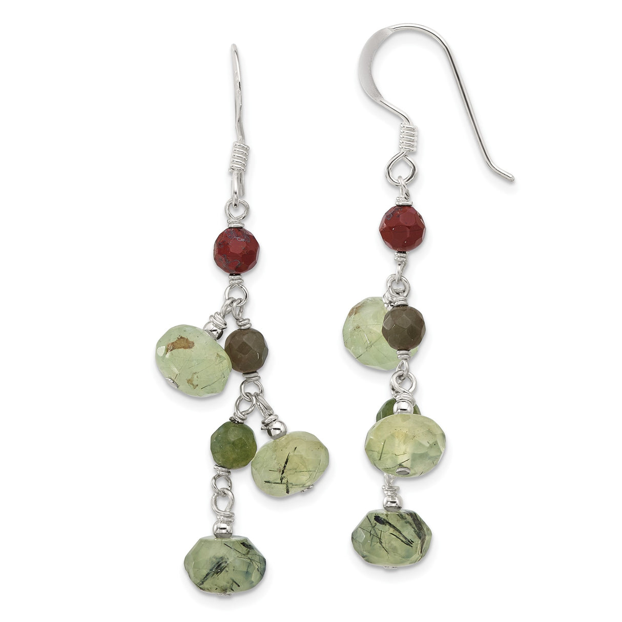 Sterling Silver Dangle Earrings with Jasper and Prehnite, Multicolor Beads, Boho Artisan Style