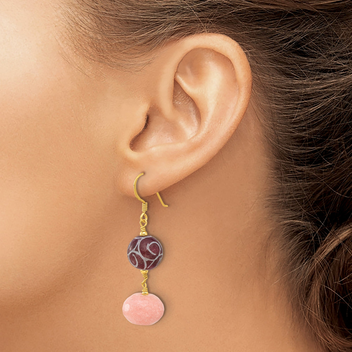 Sterling Silver Dangle Earrings with Jade Beads, Gold Hooks, Artistic Swirl Design