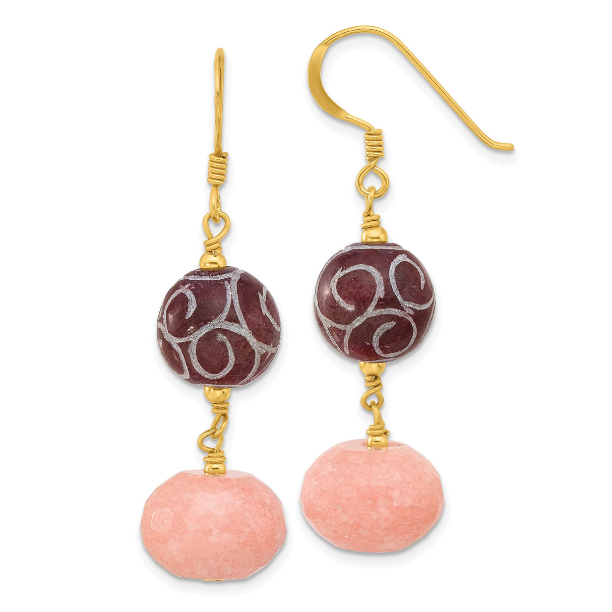 Sterling Silver Dangle Earrings with Jade Beads, Gold Hooks, Artistic Swirl Design