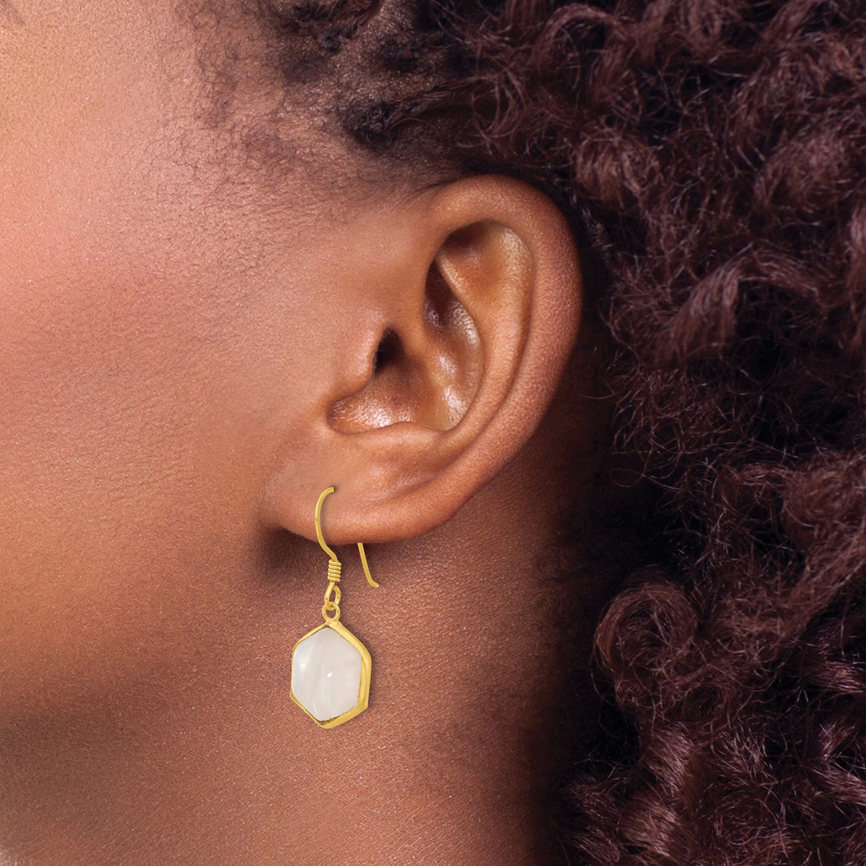 Sterling Silver Dangle Earrings with Rose Quartz, Gold Plated Hexagon, Geometric Boho Style