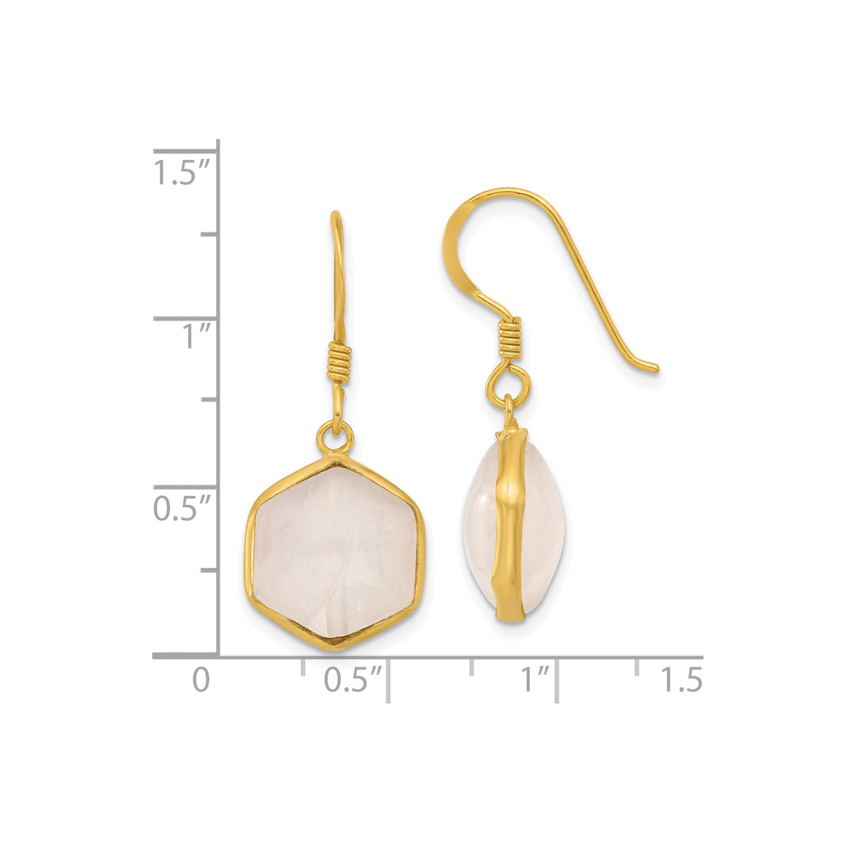 Sterling Silver Dangle Earrings with Rose Quartz, Gold Plated Hexagon, Geometric Boho Style