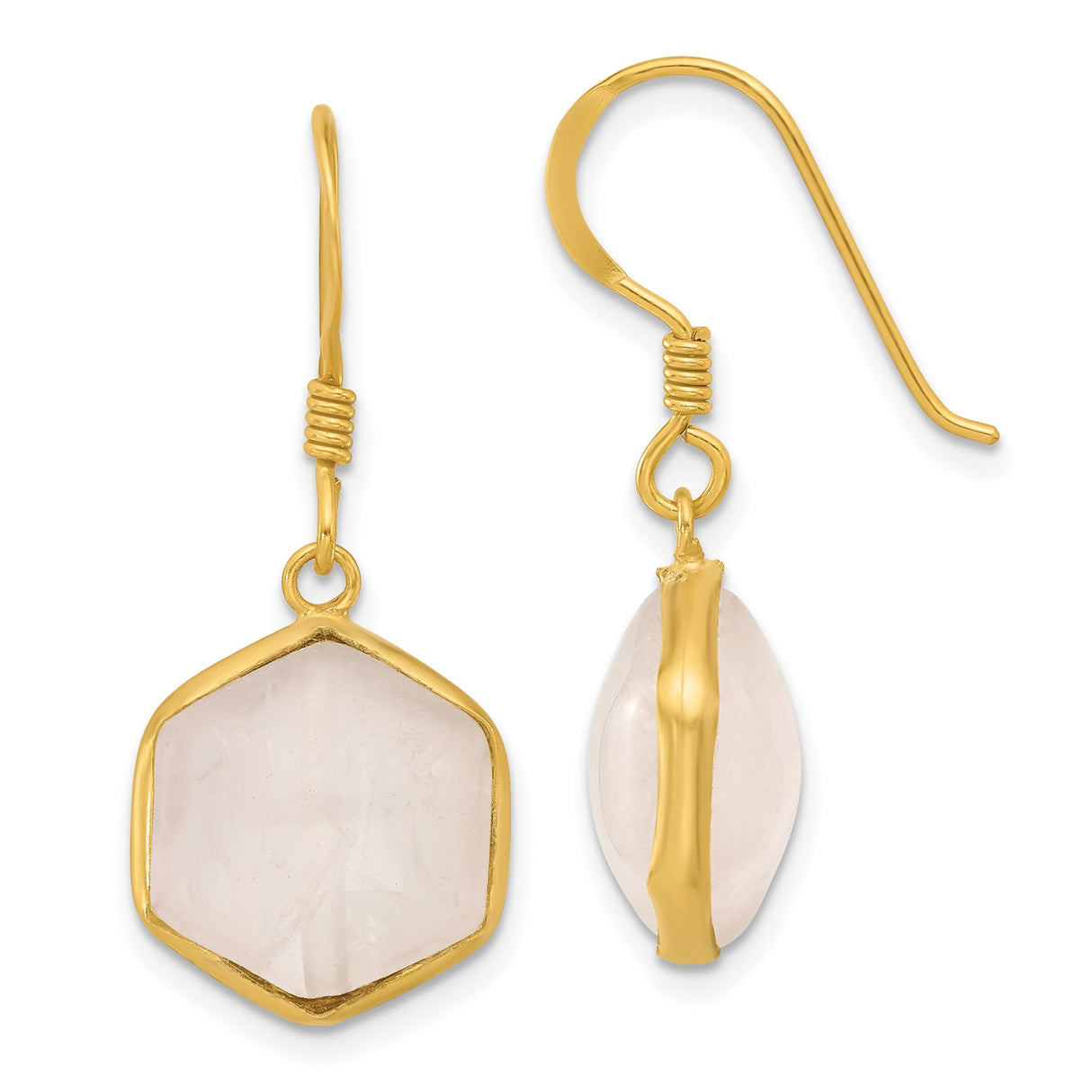 Sterling Silver Dangle Earrings with Rose Quartz, Gold Plated Hexagon, Geometric Boho Style
