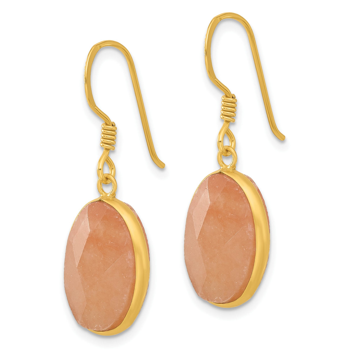 Sterling Silver Dangle Earrings with Faceted Oval Peach Aventurine, Gold Plated Minimalist Design