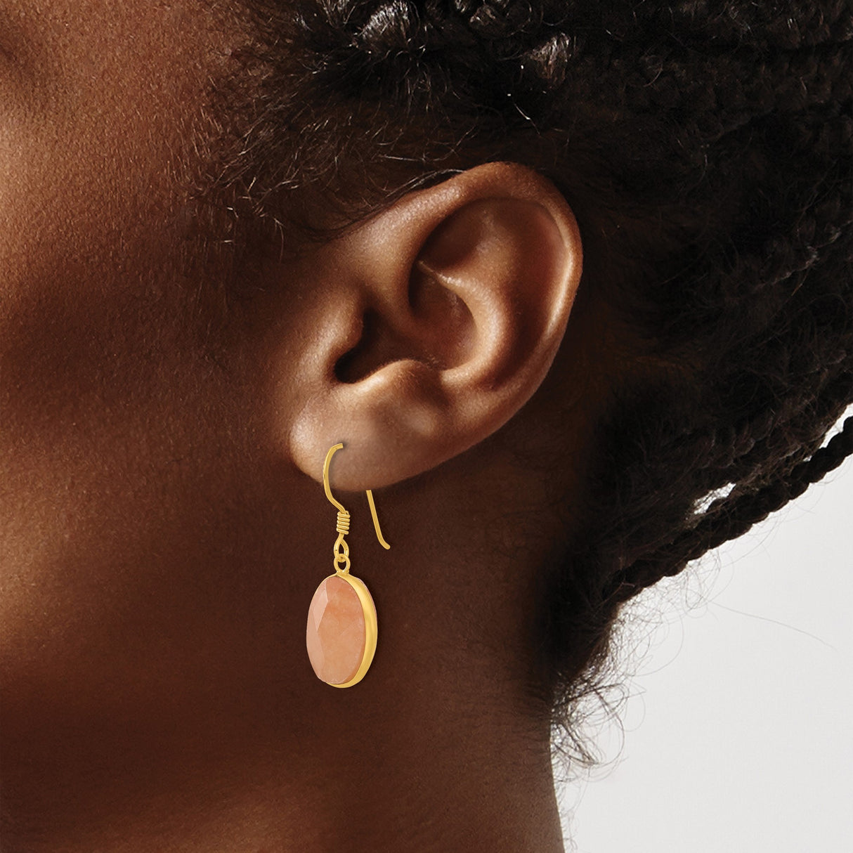 Sterling Silver Dangle Earrings with Faceted Oval Peach Aventurine, Gold Plated Minimalist Design