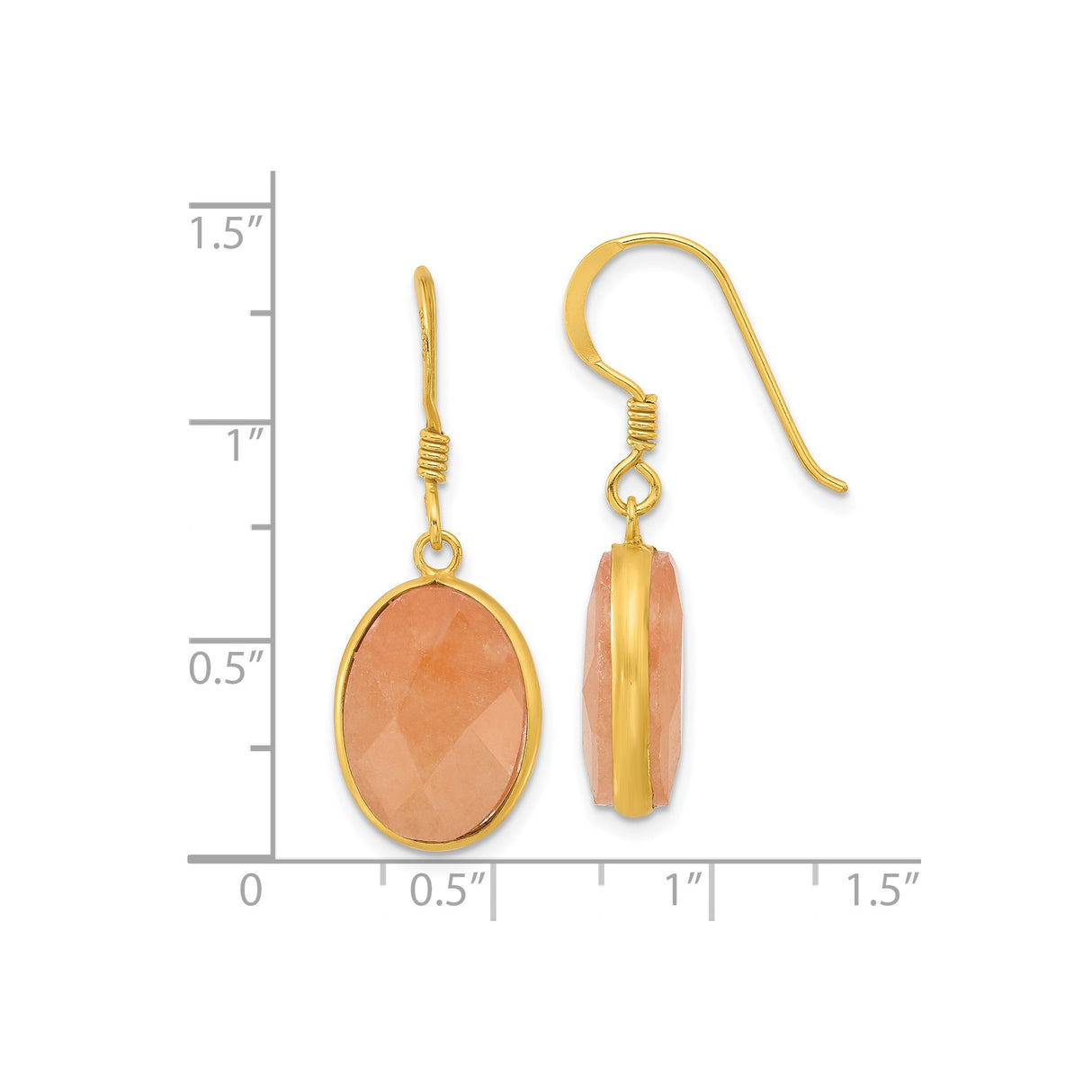 Sterling Silver Dangle Earrings with Faceted Oval Peach Aventurine, Gold Plated Minimalist Design