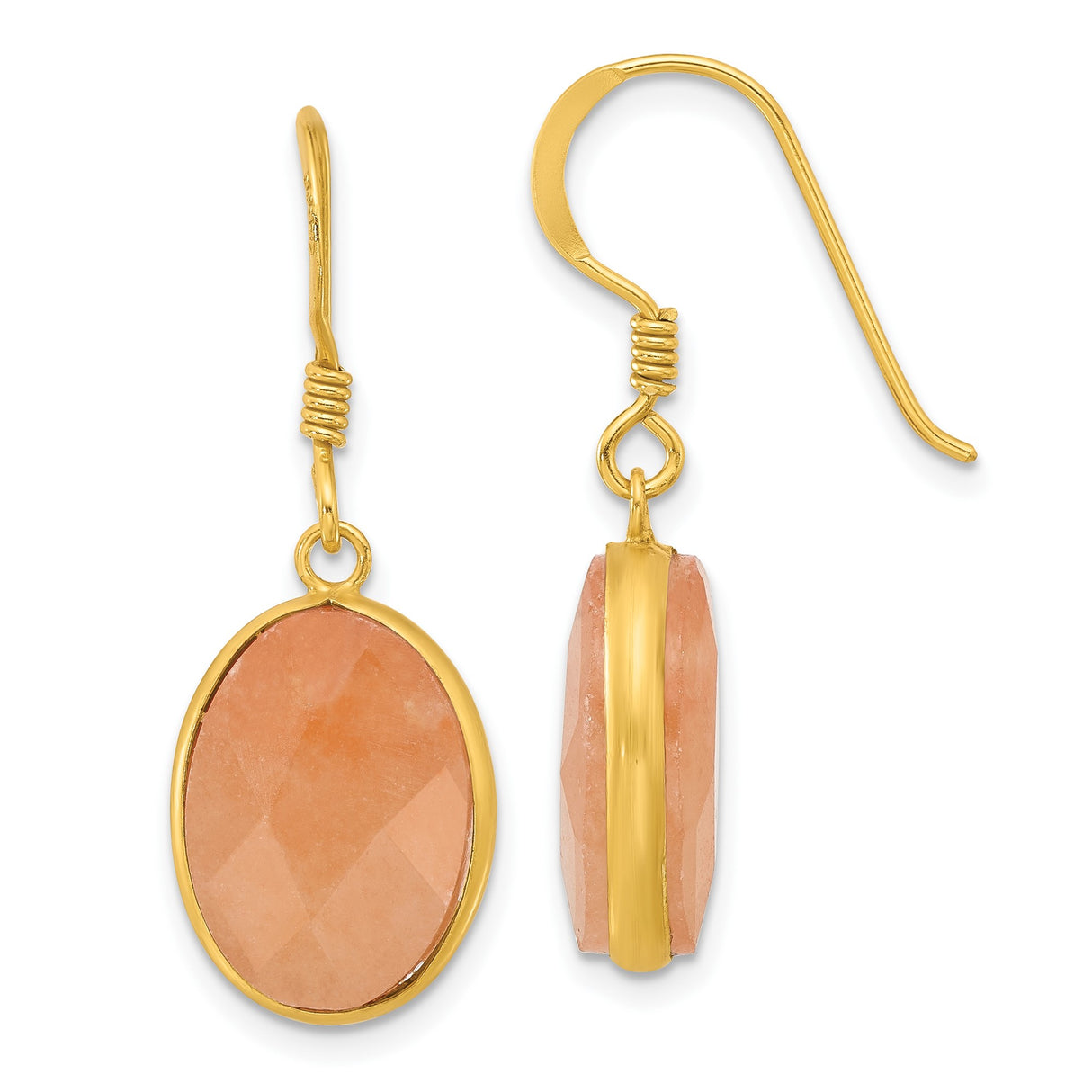 Sterling Silver Dangle Earrings with Faceted Oval Peach Aventurine, Gold Plated Minimalist Design