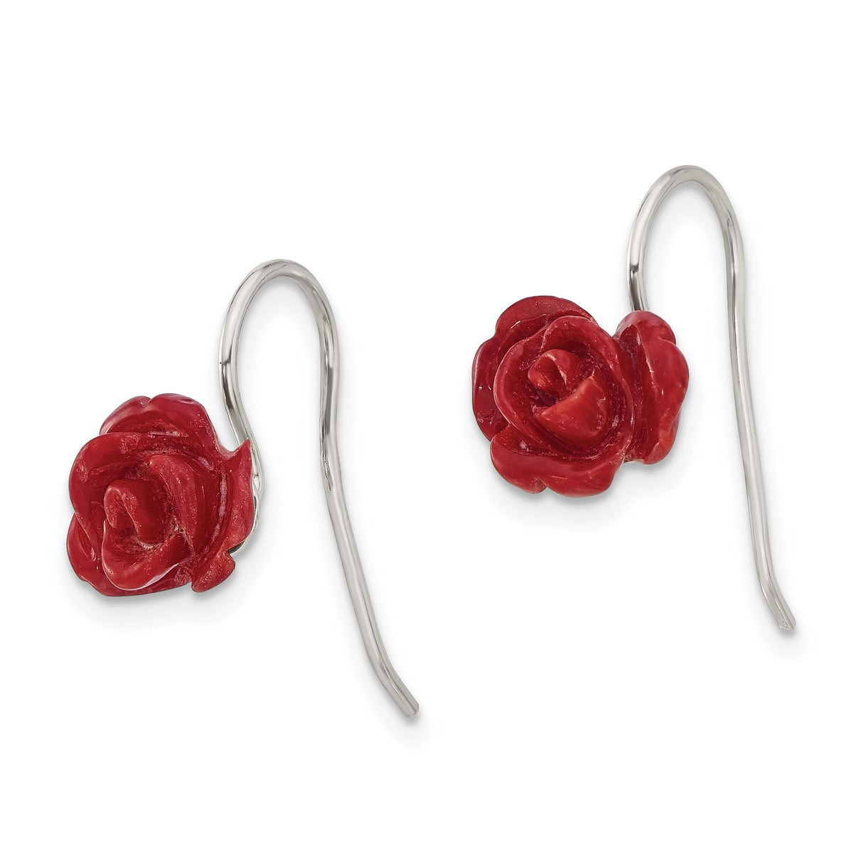 Sterling Silver Drop Earrings with Hand Carved Coral Roses, Nature Inspired Floral Design