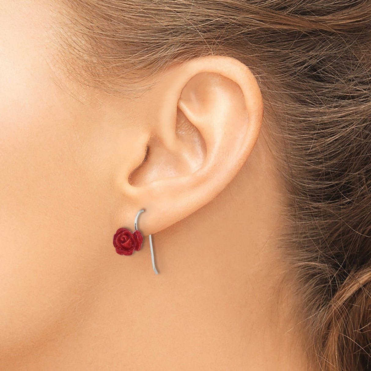 Sterling Silver Drop Earrings with Hand Carved Coral Roses, Nature Inspired Floral Design