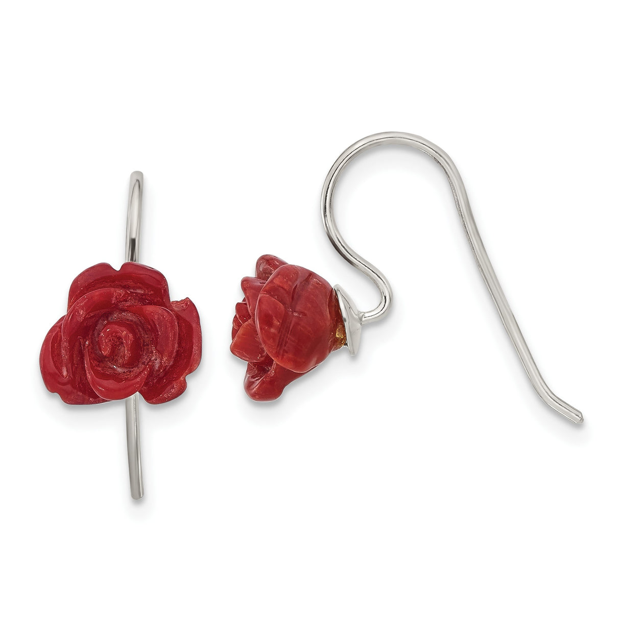 Sterling Silver Drop Earrings with Hand Carved Coral Roses, Nature Inspired Floral Design