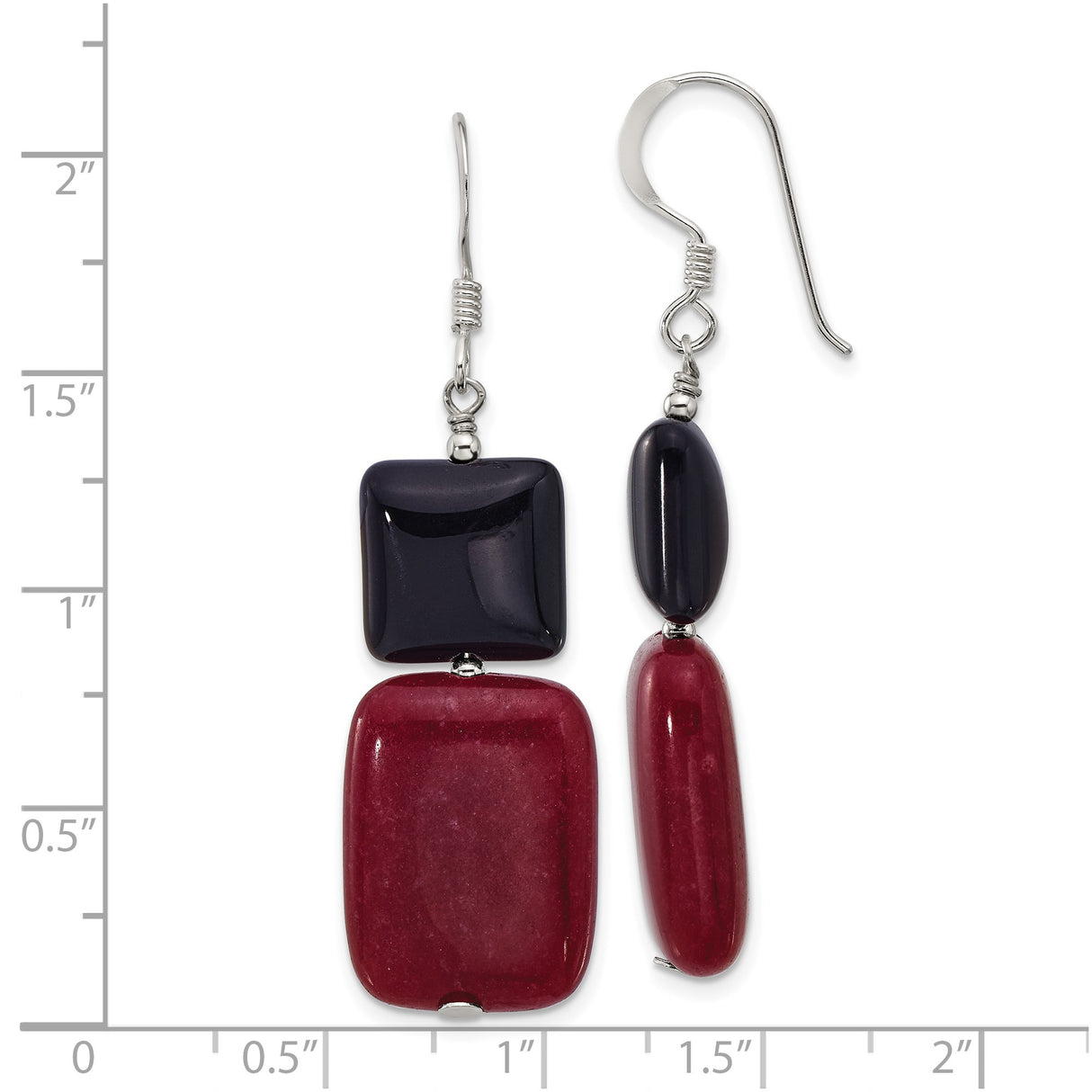 Sterling Silver Dangle Earrings with Red Jade and Black Agate, Handmade Geometric Boho Style