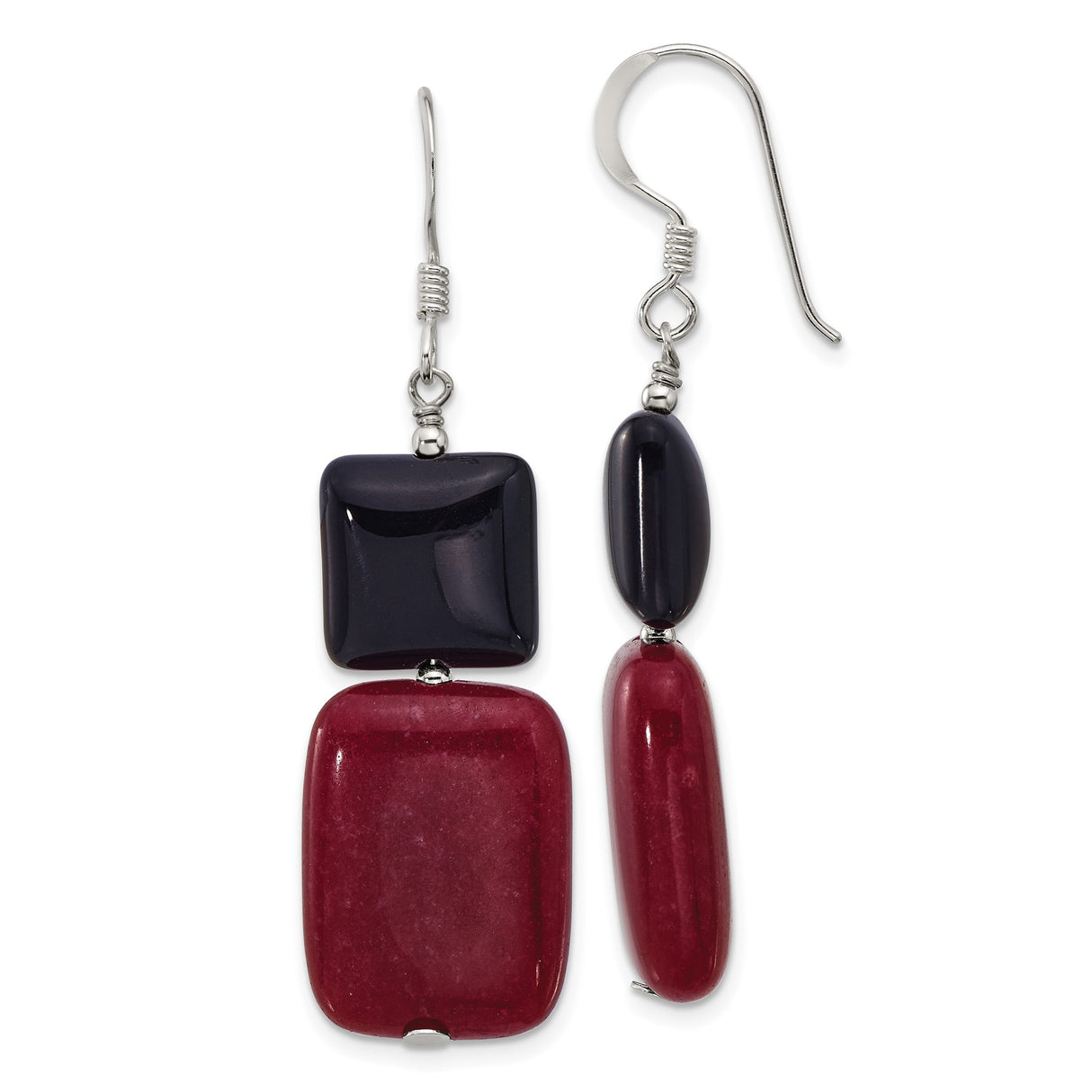 Sterling Silver Dangle Earrings with Red Jade and Black Agate, Handmade Geometric Boho Style