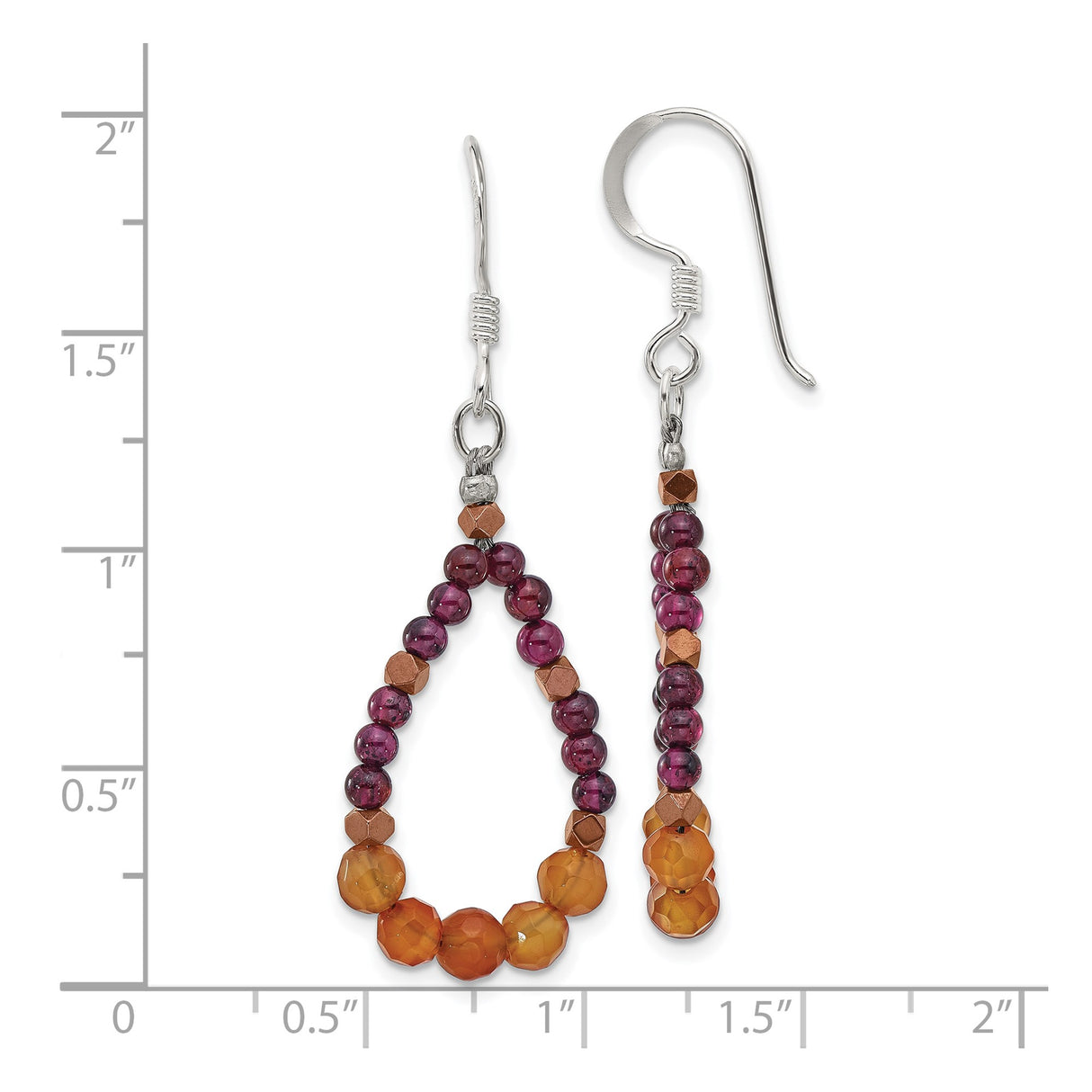 Sterling Silver Dangle Earrings with Hematite and Carnelian Beads, Boho Teardrop Style for Women