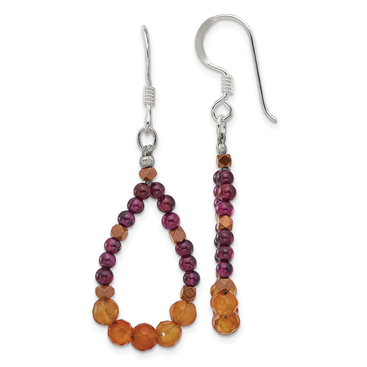Sterling Silver Dangle Earrings with Hematite and Carnelian Beads, Boho Teardrop Style for Women