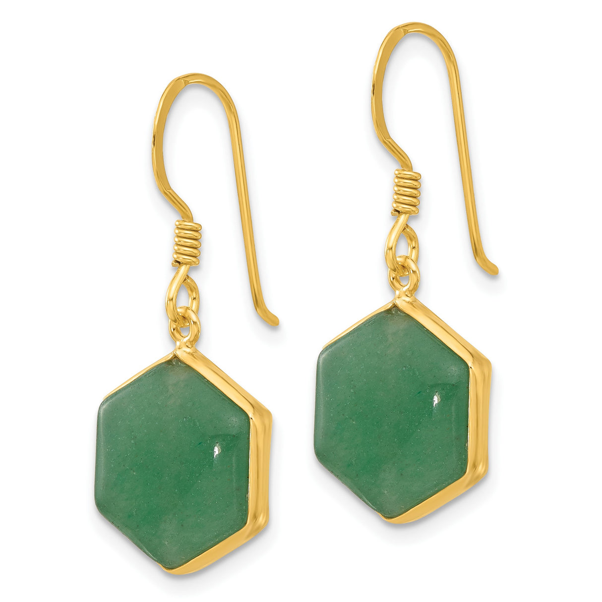 Sterling Silver Dangle Earrings with Aventurine Drops, Gold Plated Hexagon Design, Modern Boho Style