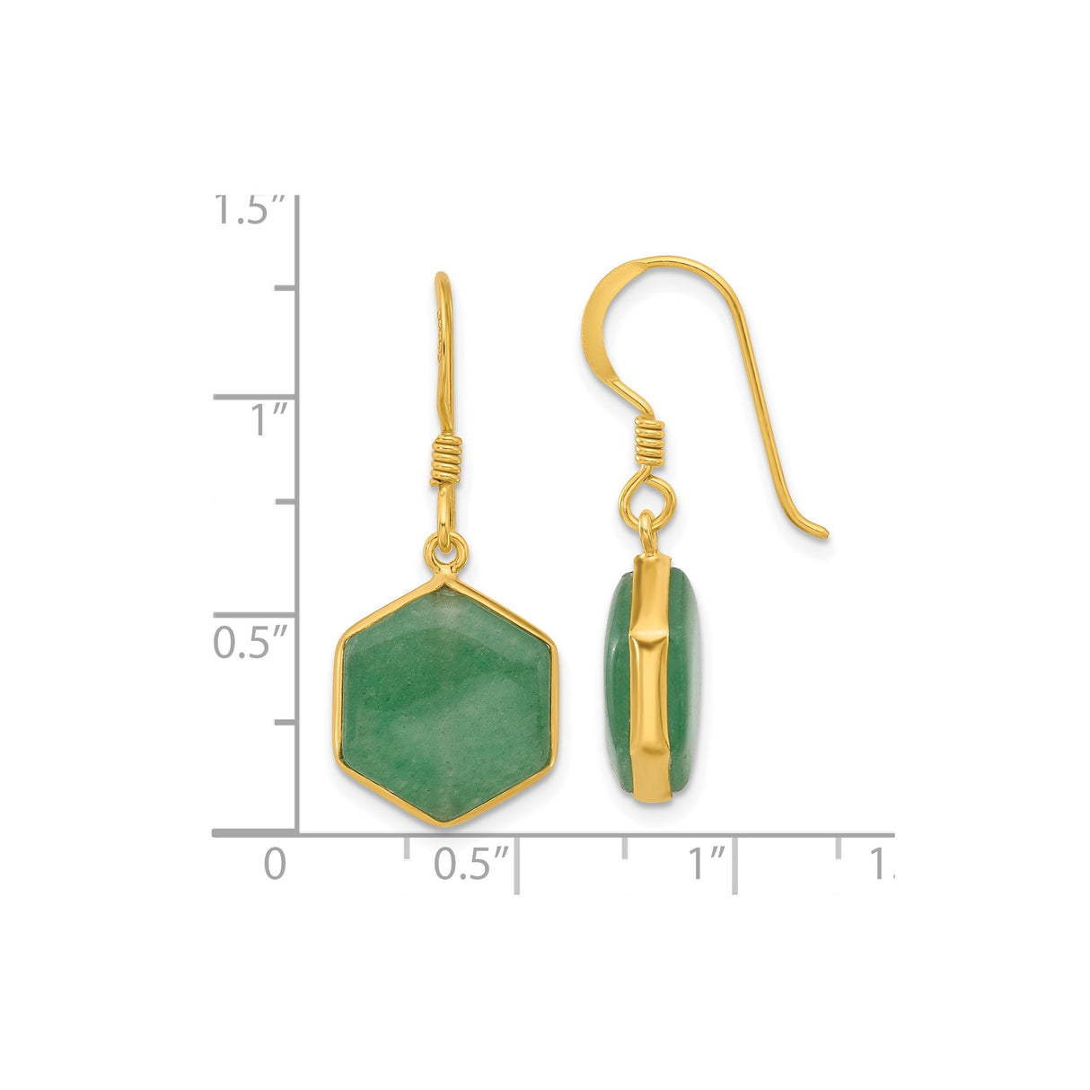 Sterling Silver Dangle Earrings with Aventurine Drops, Gold Plated Hexagon Design, Modern Boho Style