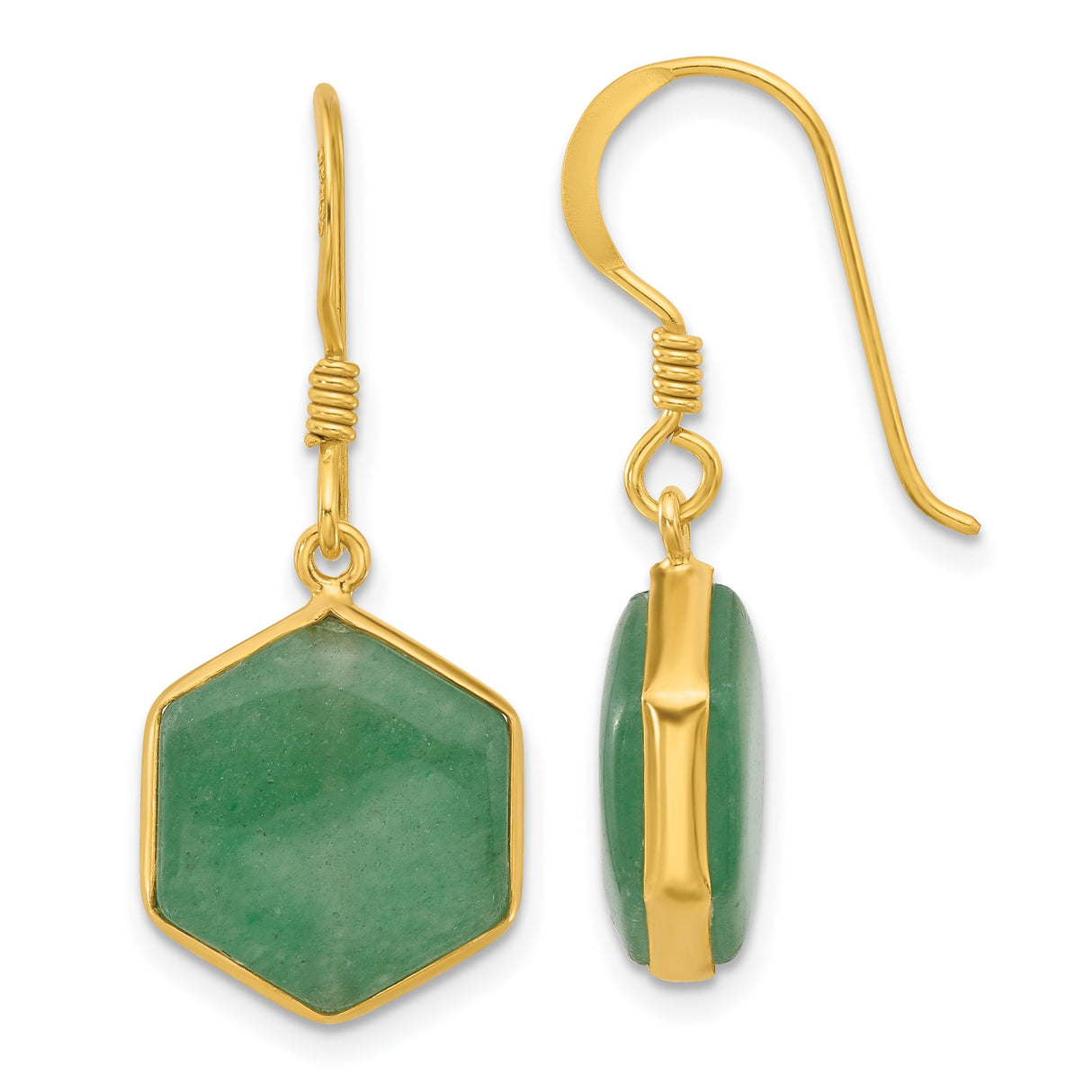 Sterling Silver Dangle Earrings with Aventurine Drops, Gold Plated Hexagon Design, Modern Boho Style