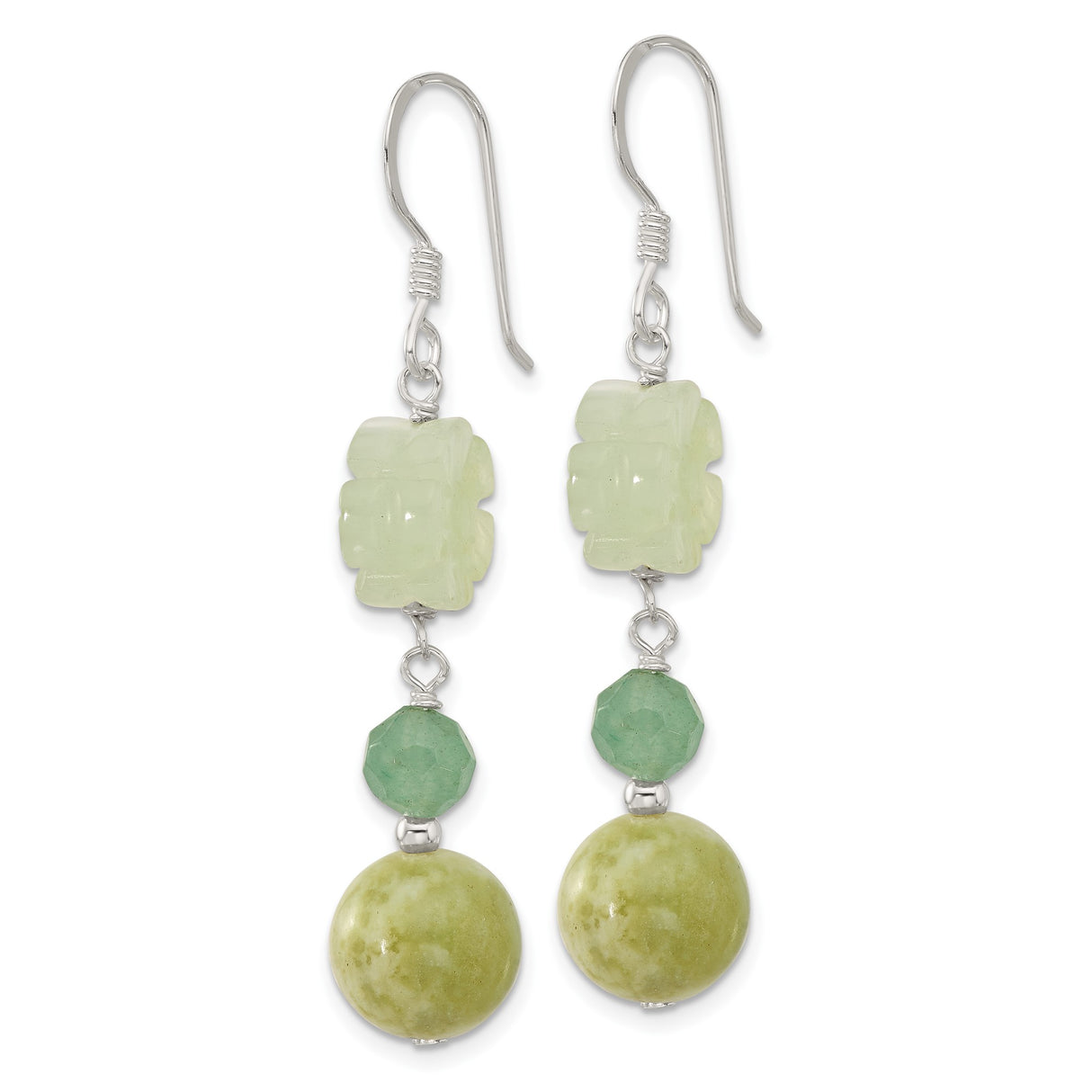 Sterling Silver Dangle Earrings with Carved Green Jade Flowers and Chinese Symbols